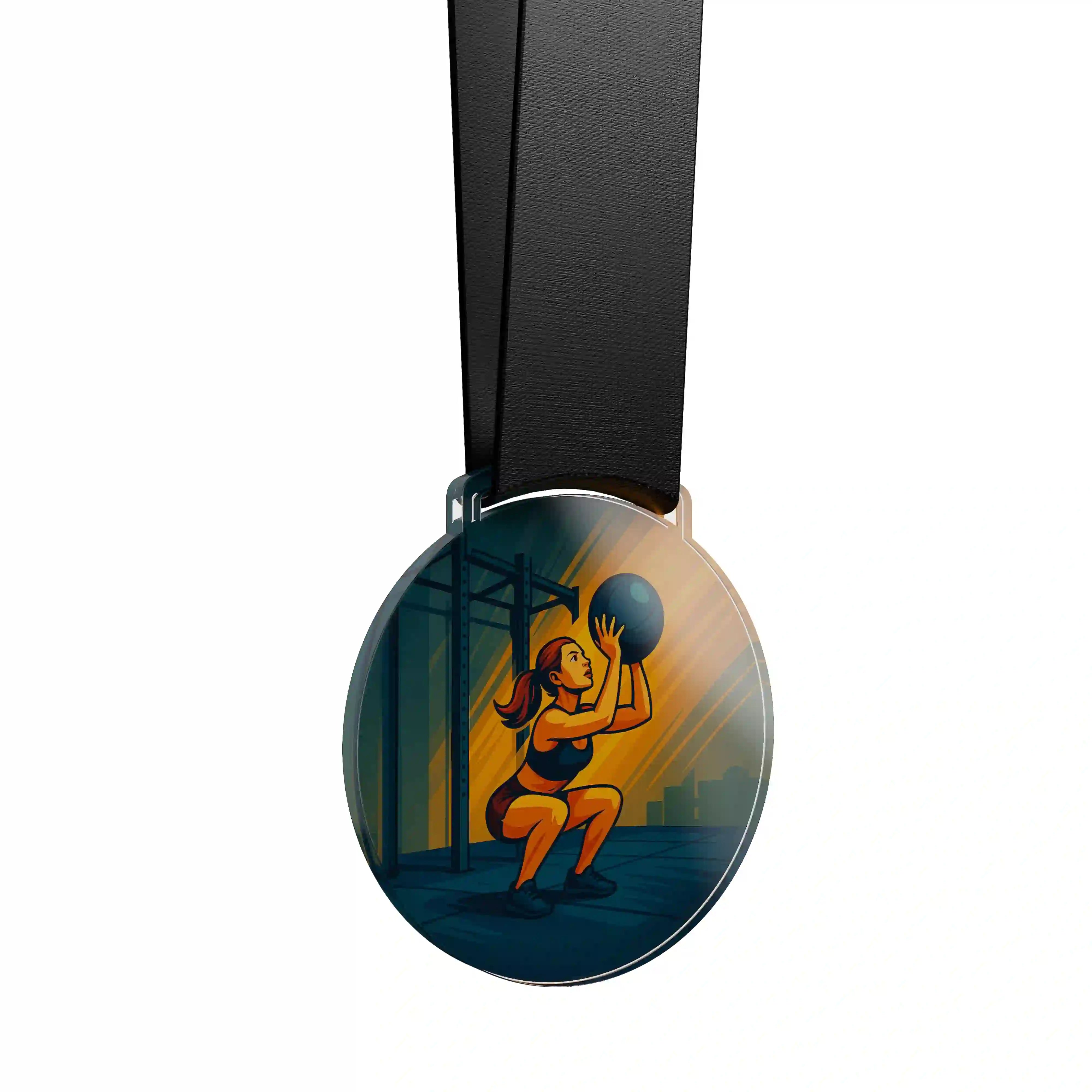 médaille en acrylique d'une femme faisant du crossfit