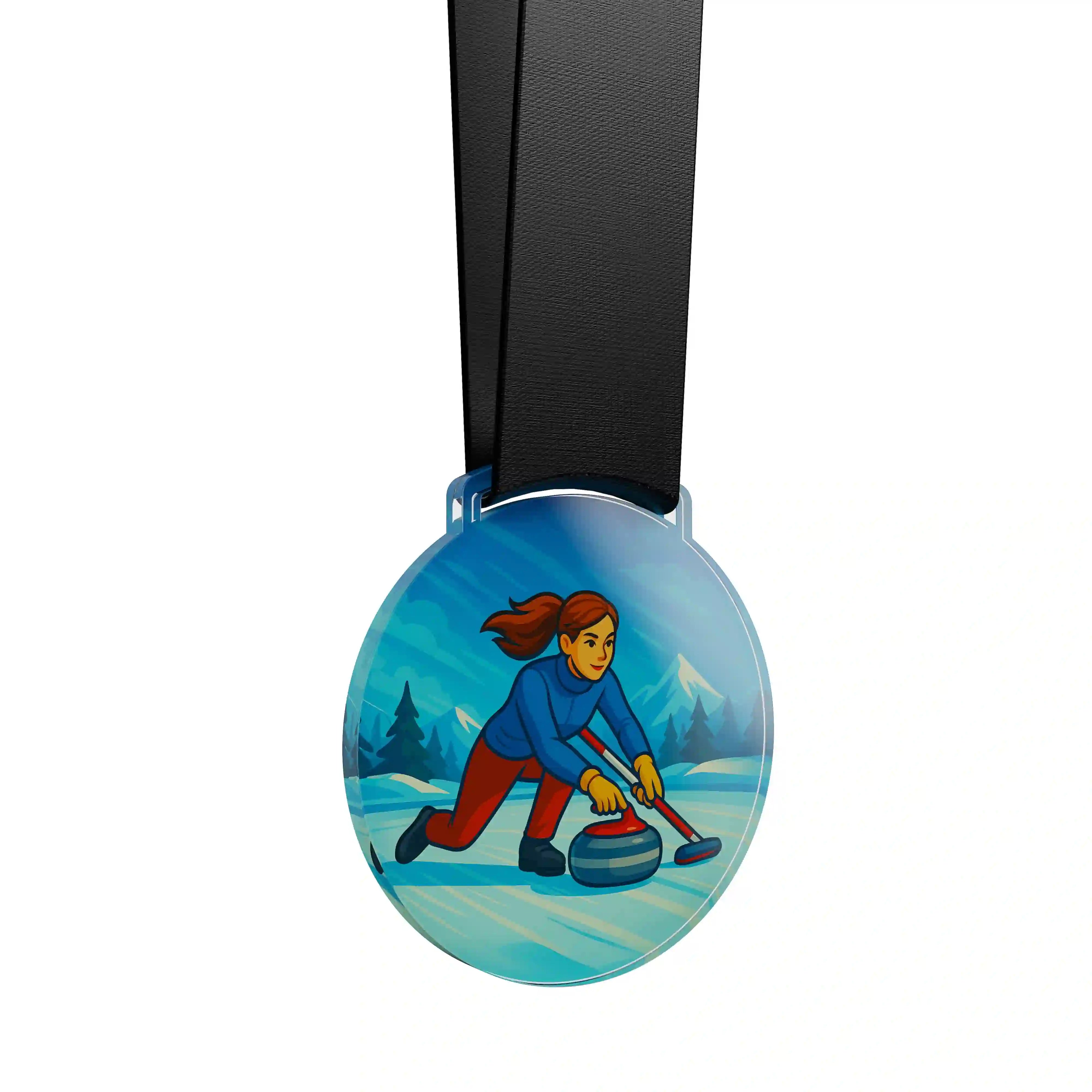 médaille en acrylique d'une femme faisant du curling