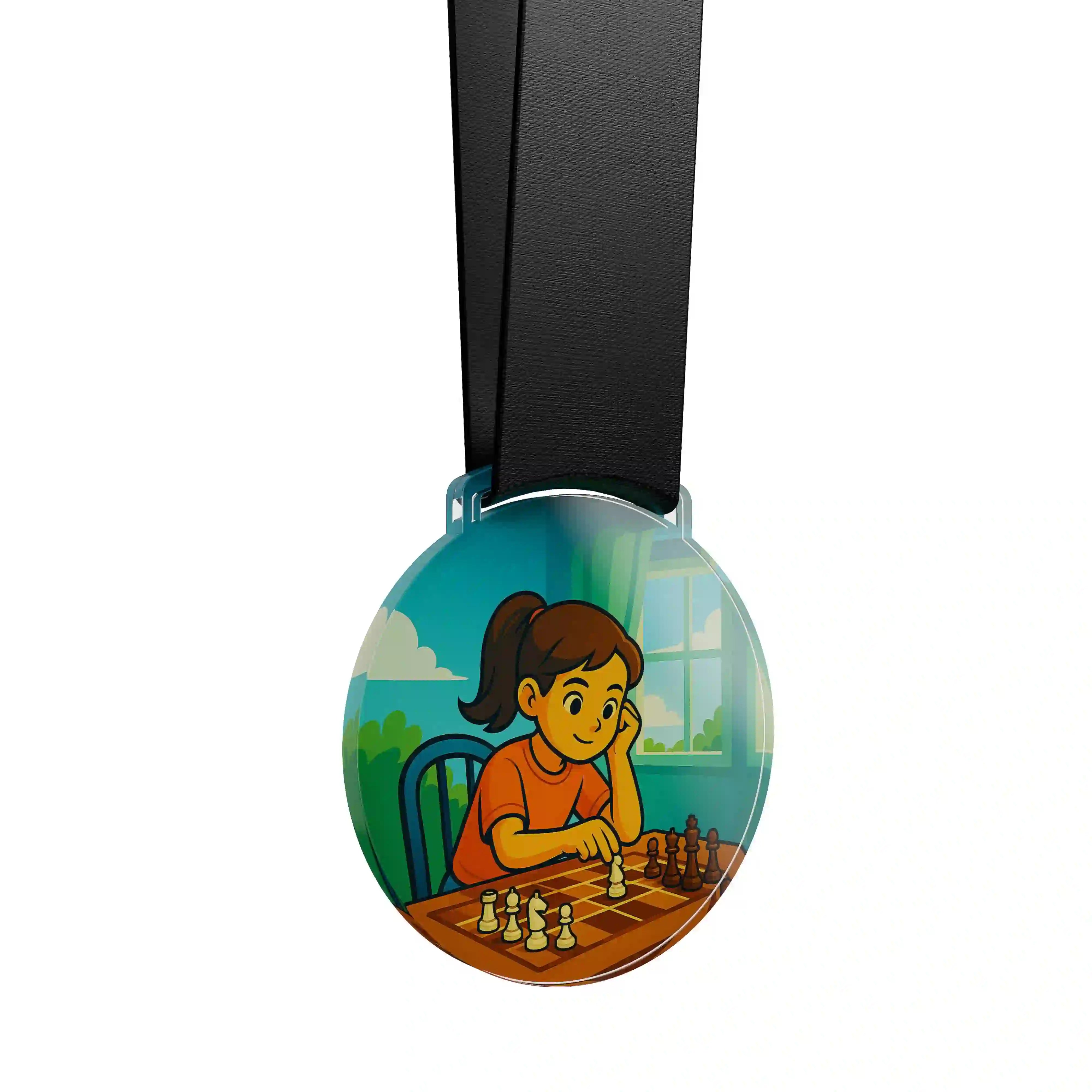 médaille acrylique d'une jeune fille faisant des échecs 