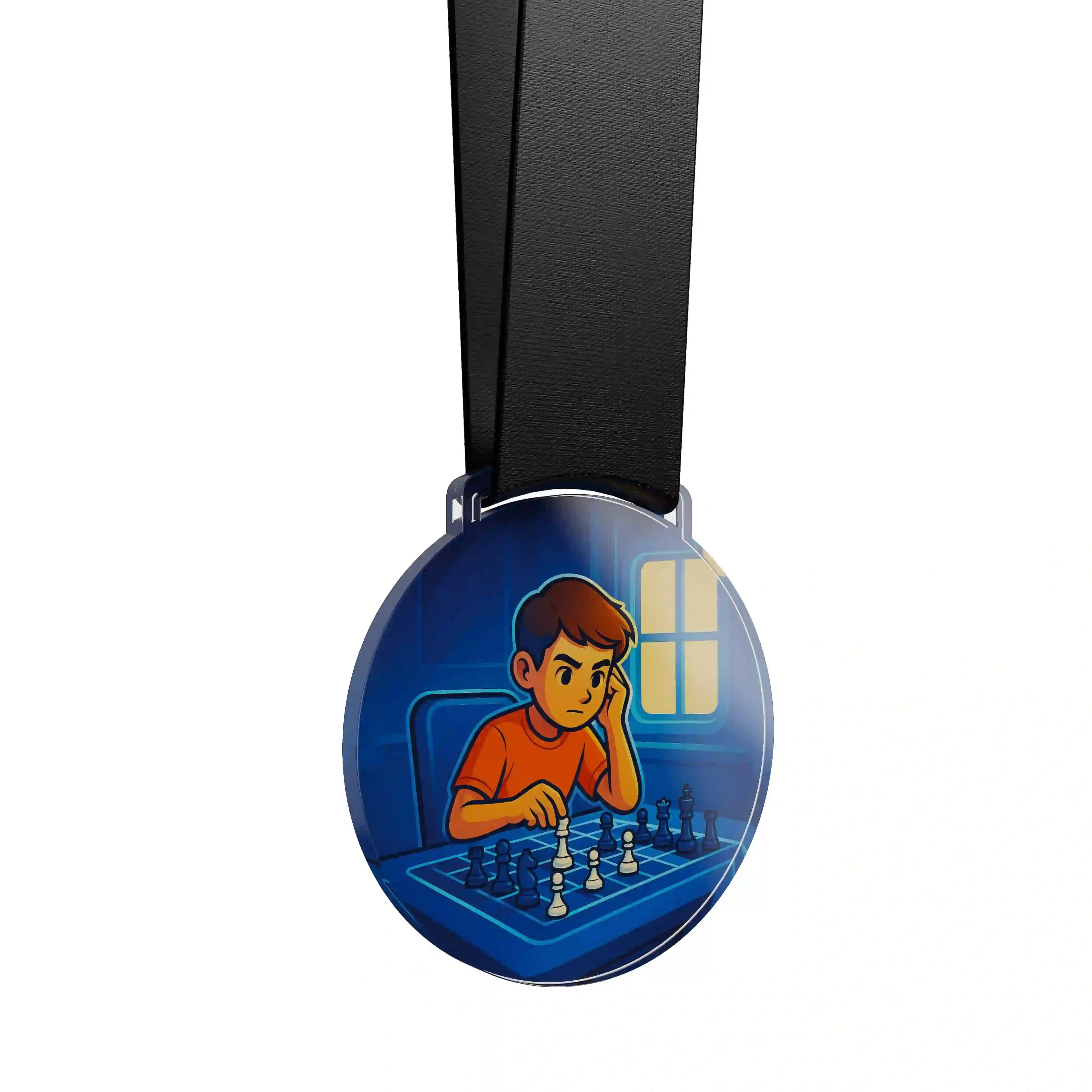 médaille acrylique d'un jeune garçon faisant des échecs 