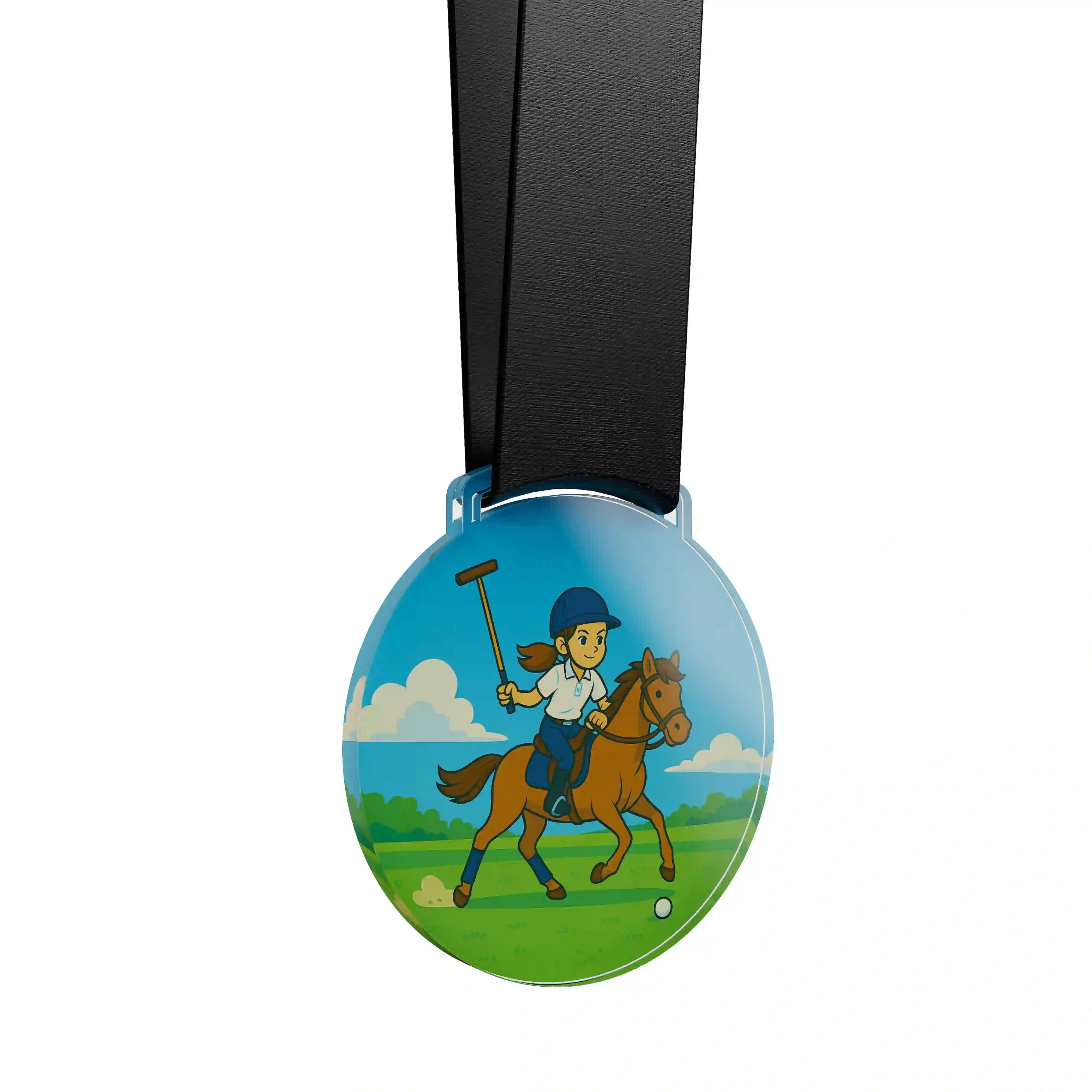 médaille acrylique d'une jeune fille faisant de l’équestre polo
