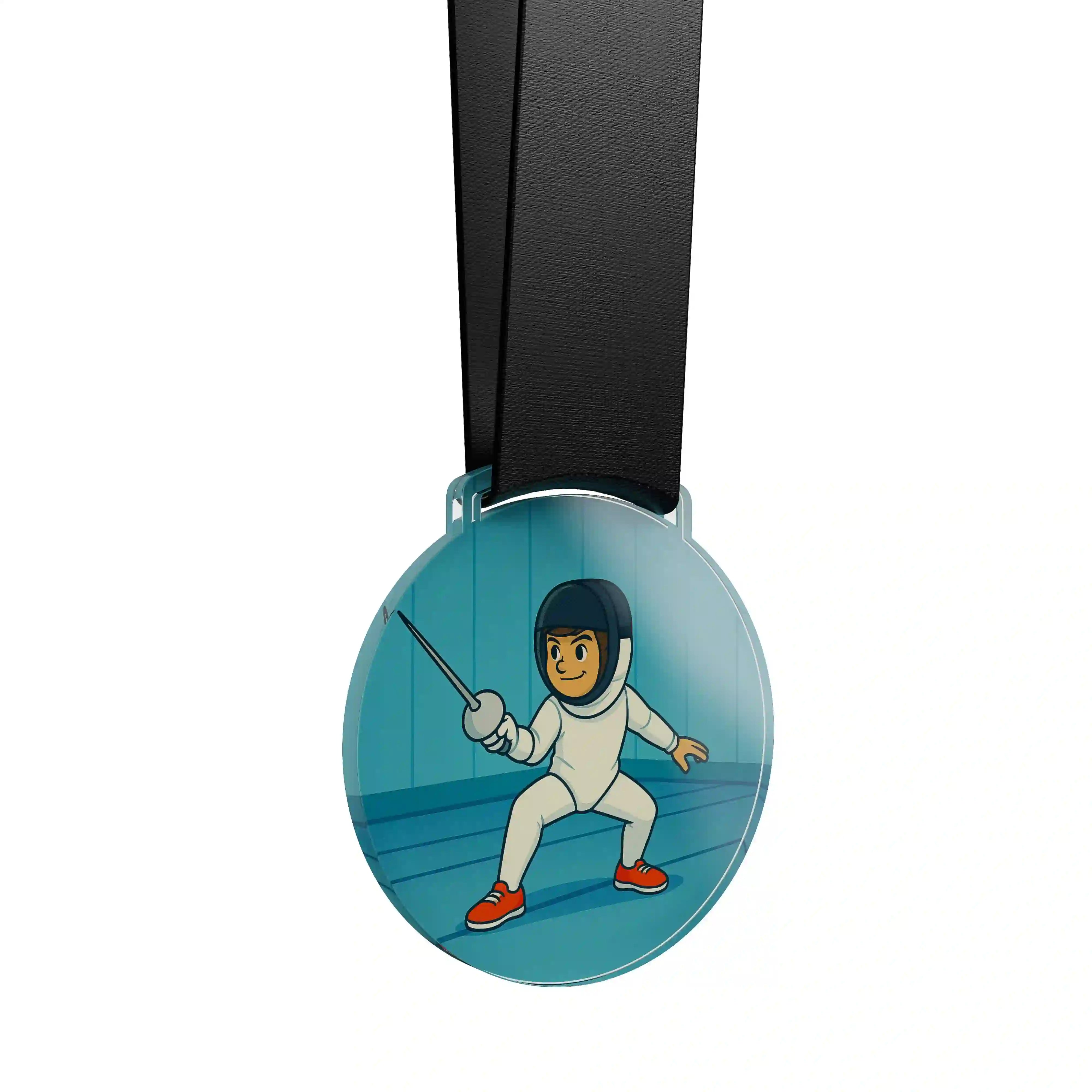 médaille acrylique d'un jeune garçon faisant de l'escrime 