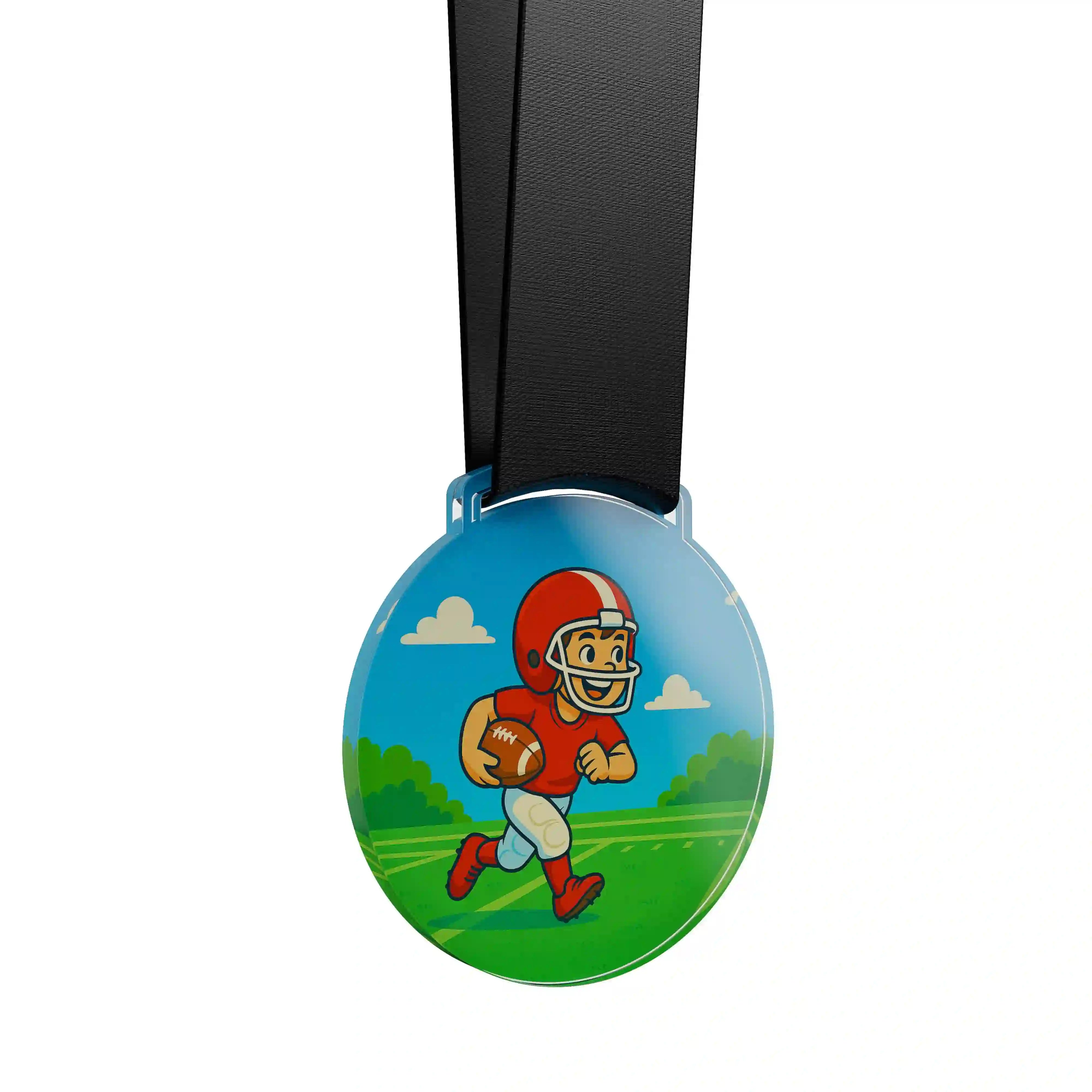 médaille acrylique d'un jeune garçon faisant du football américain 