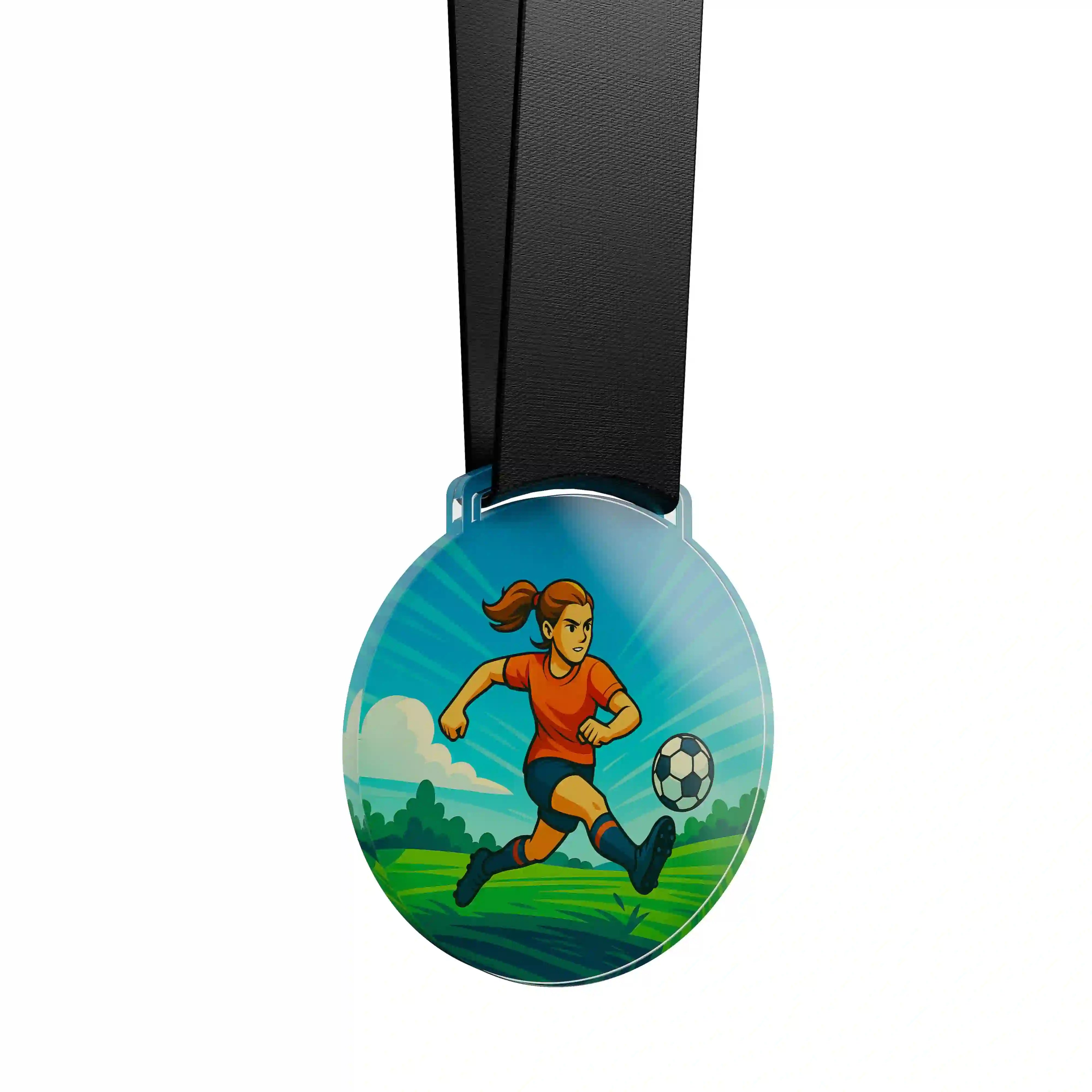 médaille acrylique d'une femme faisant du football 