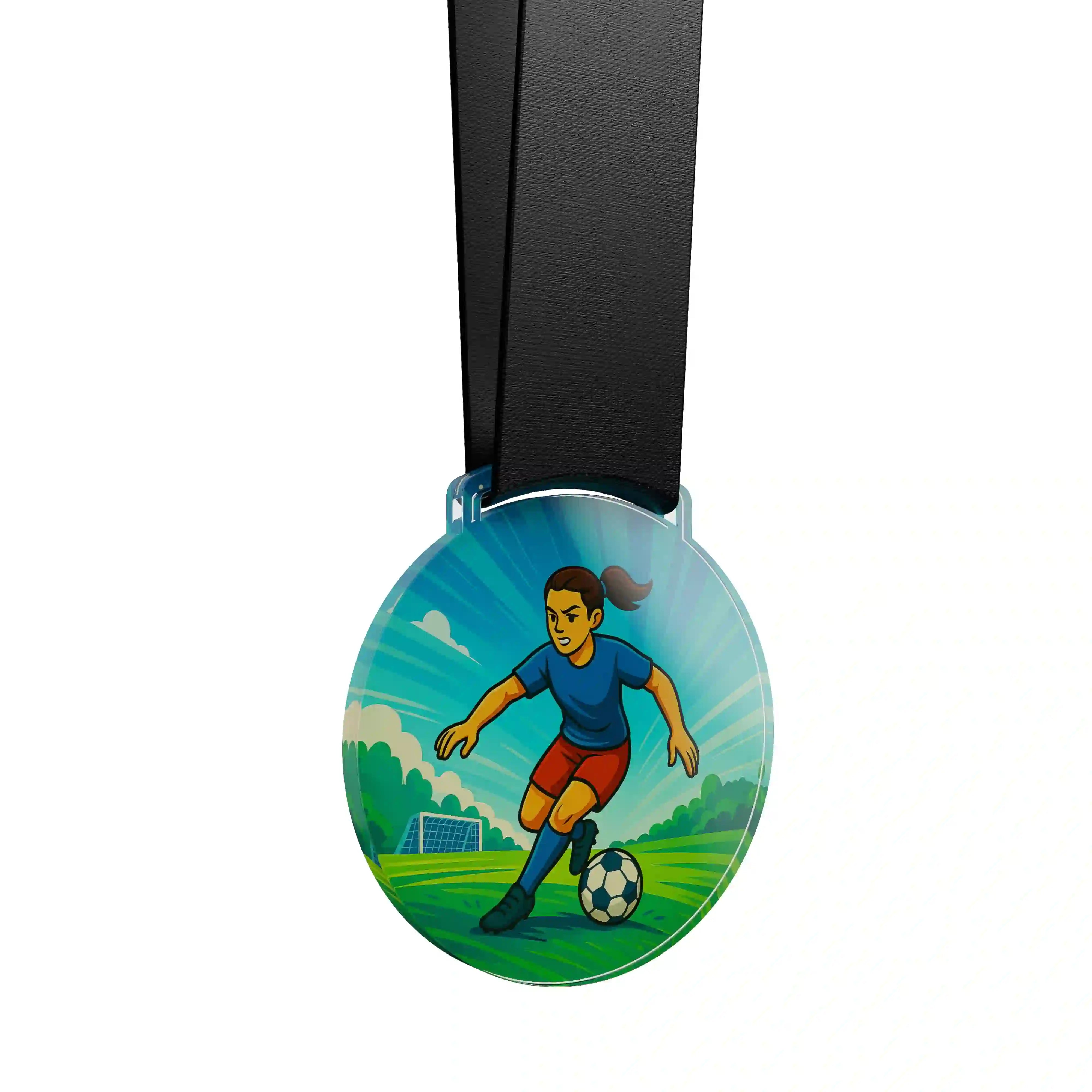 médaille acrylique d'une femme faisant du football 