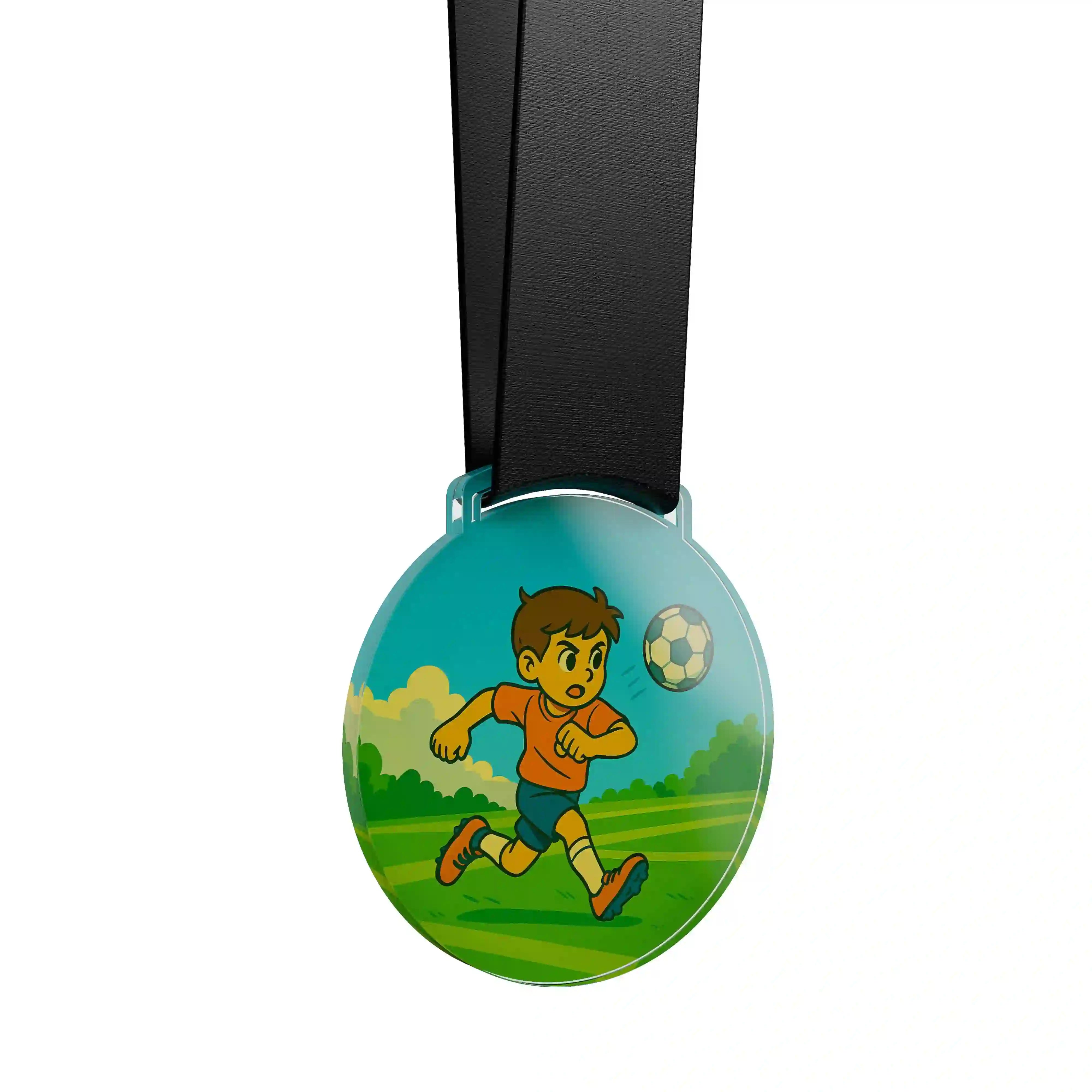 médaille acrylique d'un jeune garçon faisant du football 