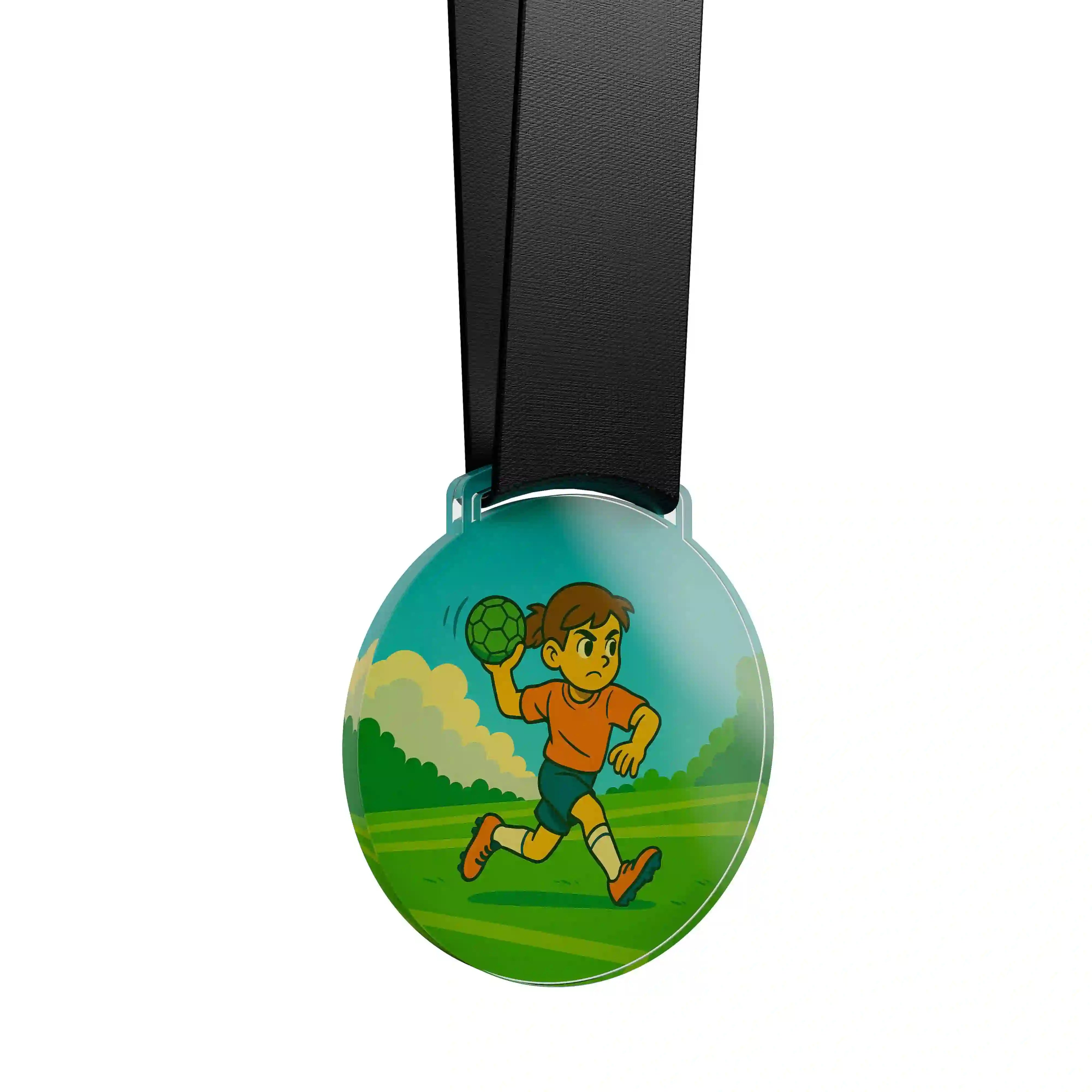 médaille acrylique d'un jeune garçon faisant du handball
