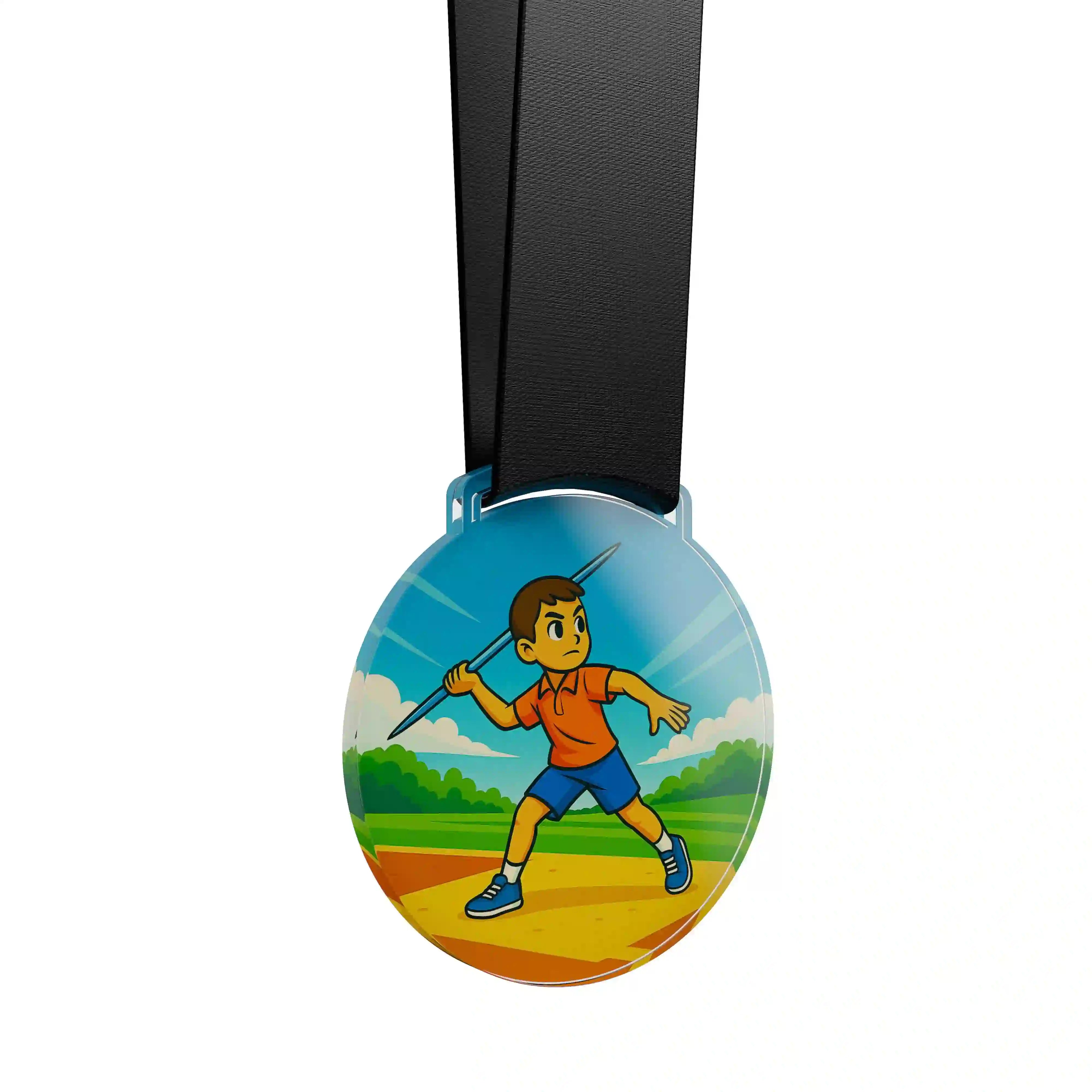 médaille acrylique d'un jeune garçon faisant du javelot 