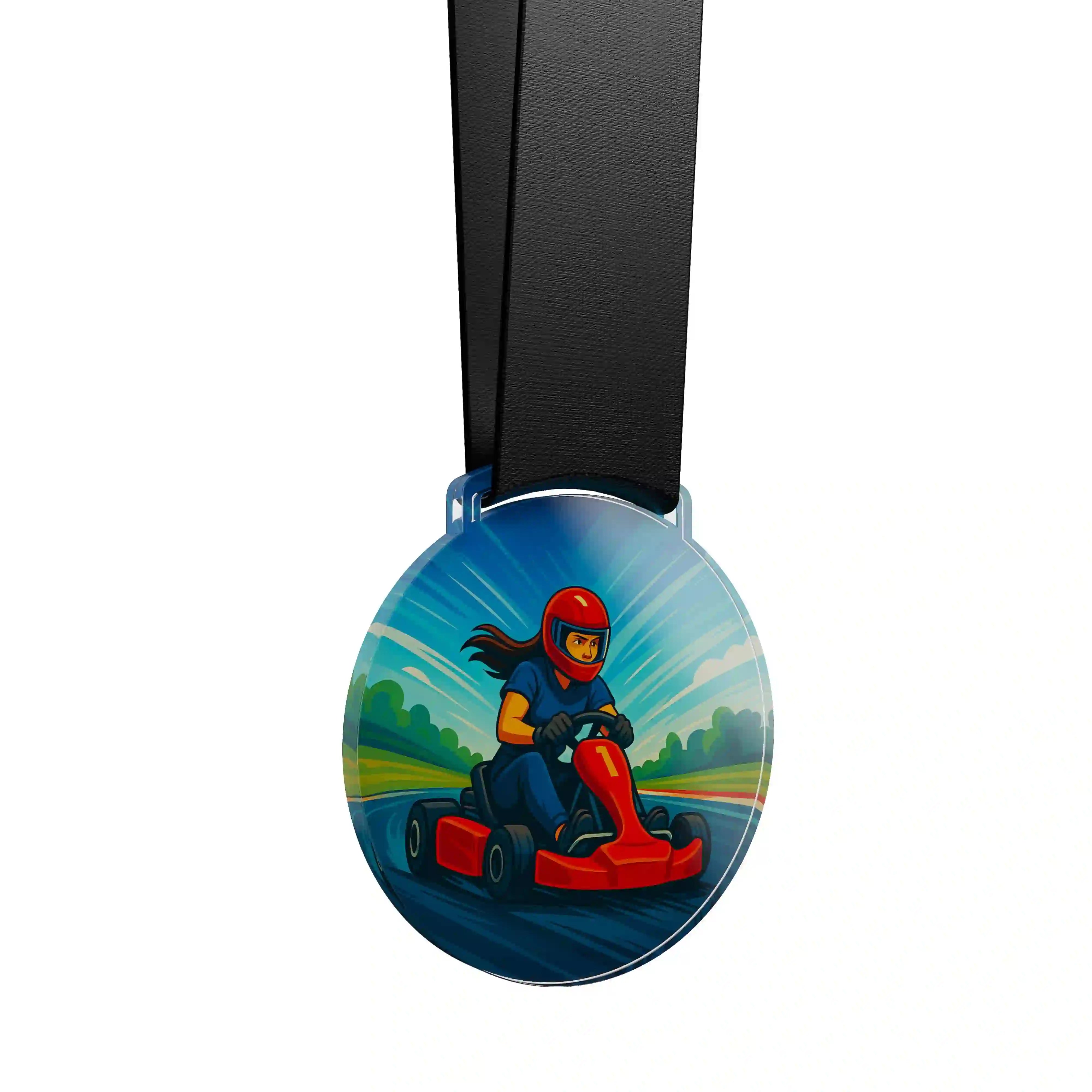 médaille acrylique d'une femme faisant du karting 