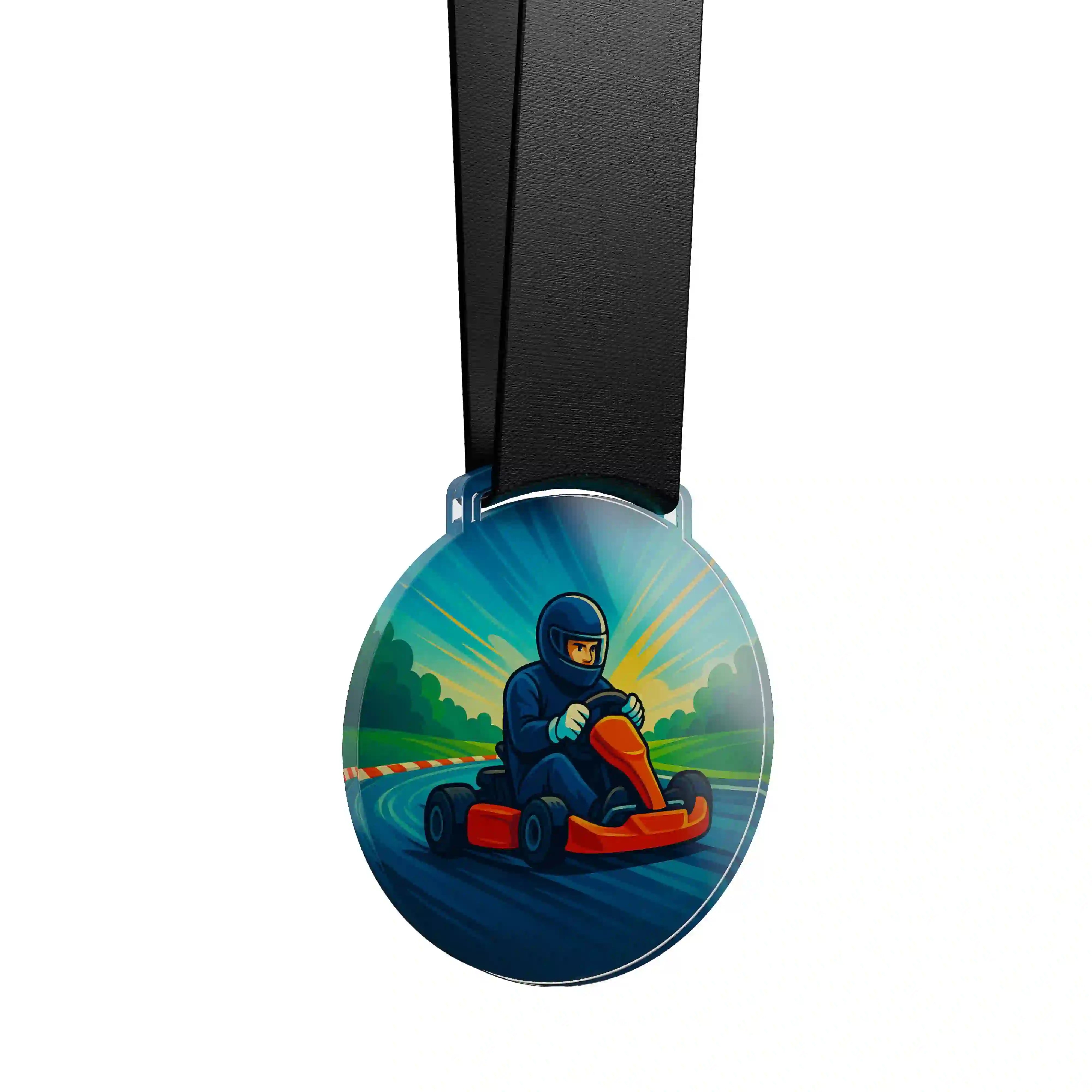 médaille acrylique d'un homme faisant du karting