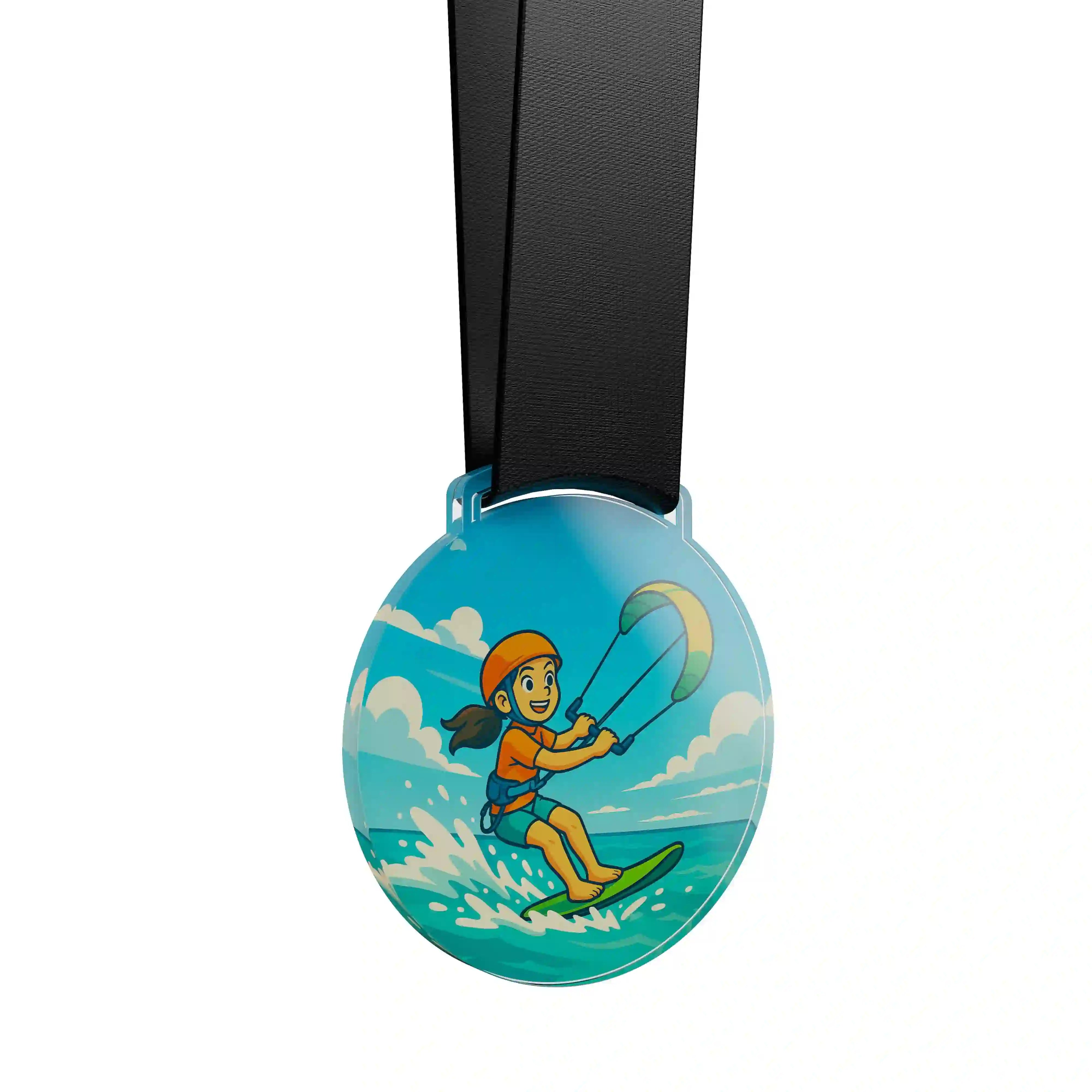 médaille acrylique d'une jeune fille faisant du kitesurf 