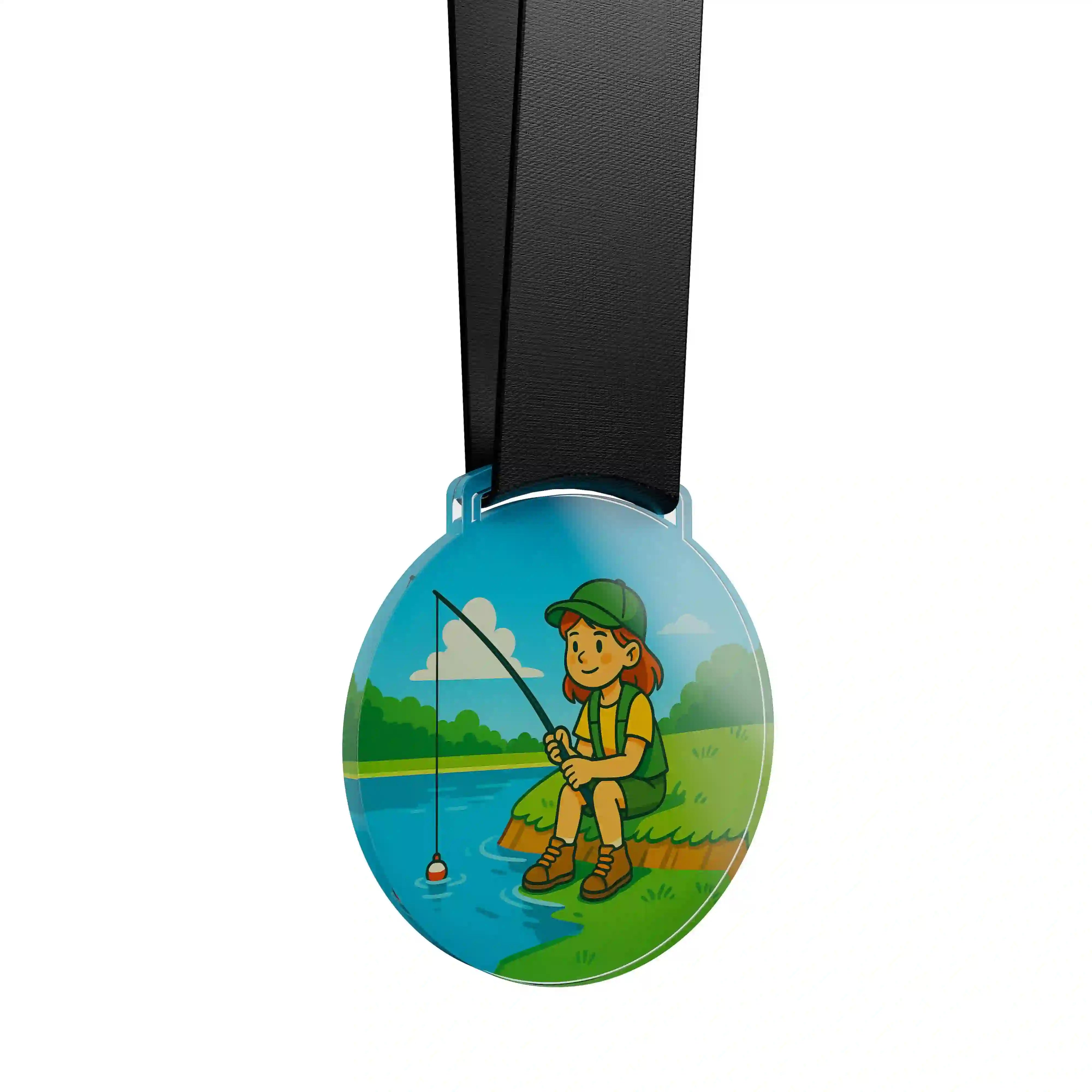 médaille acrylique d'une jeune fille qui pêche 