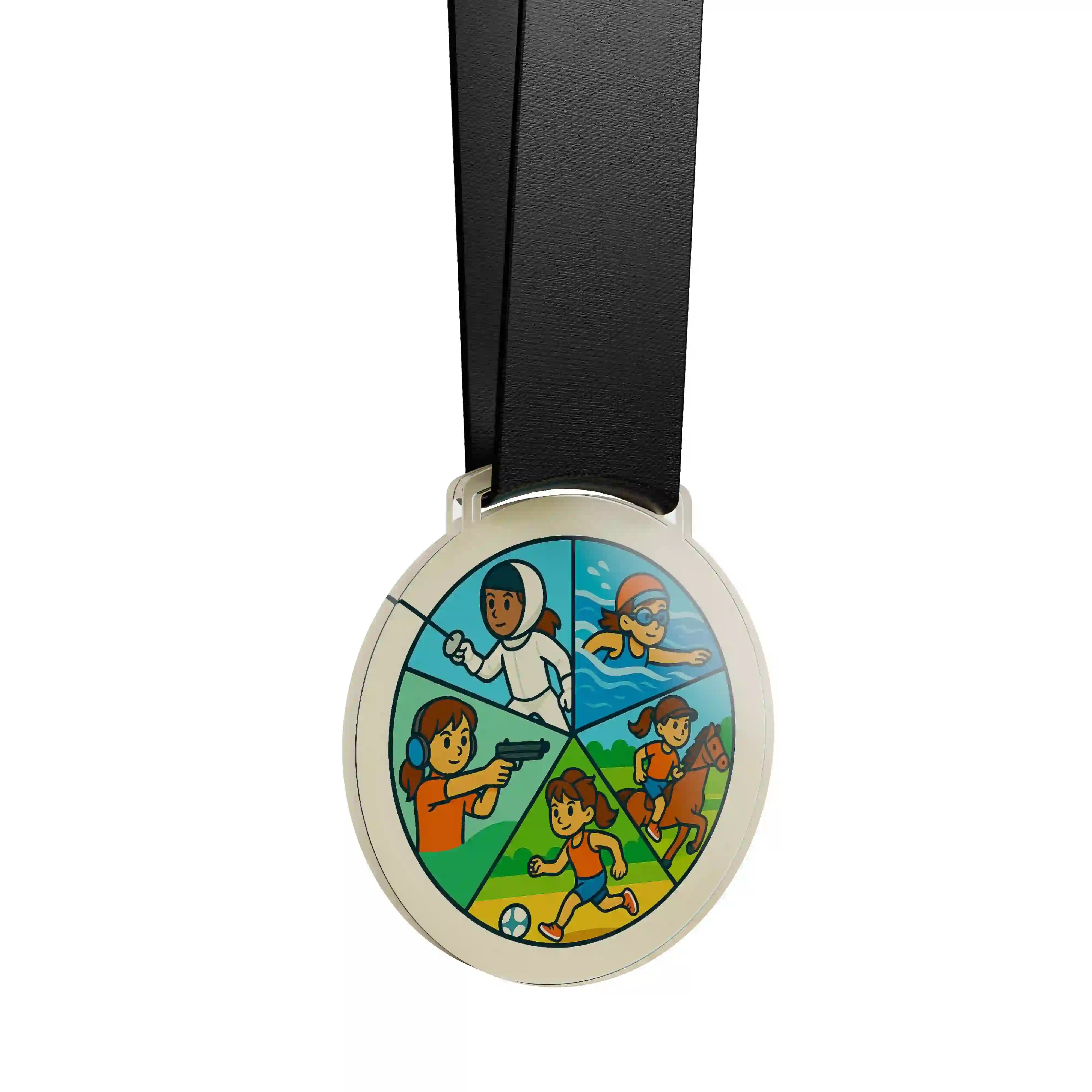 médaille acrylique d'une fille faisant du pentathlon moderne 