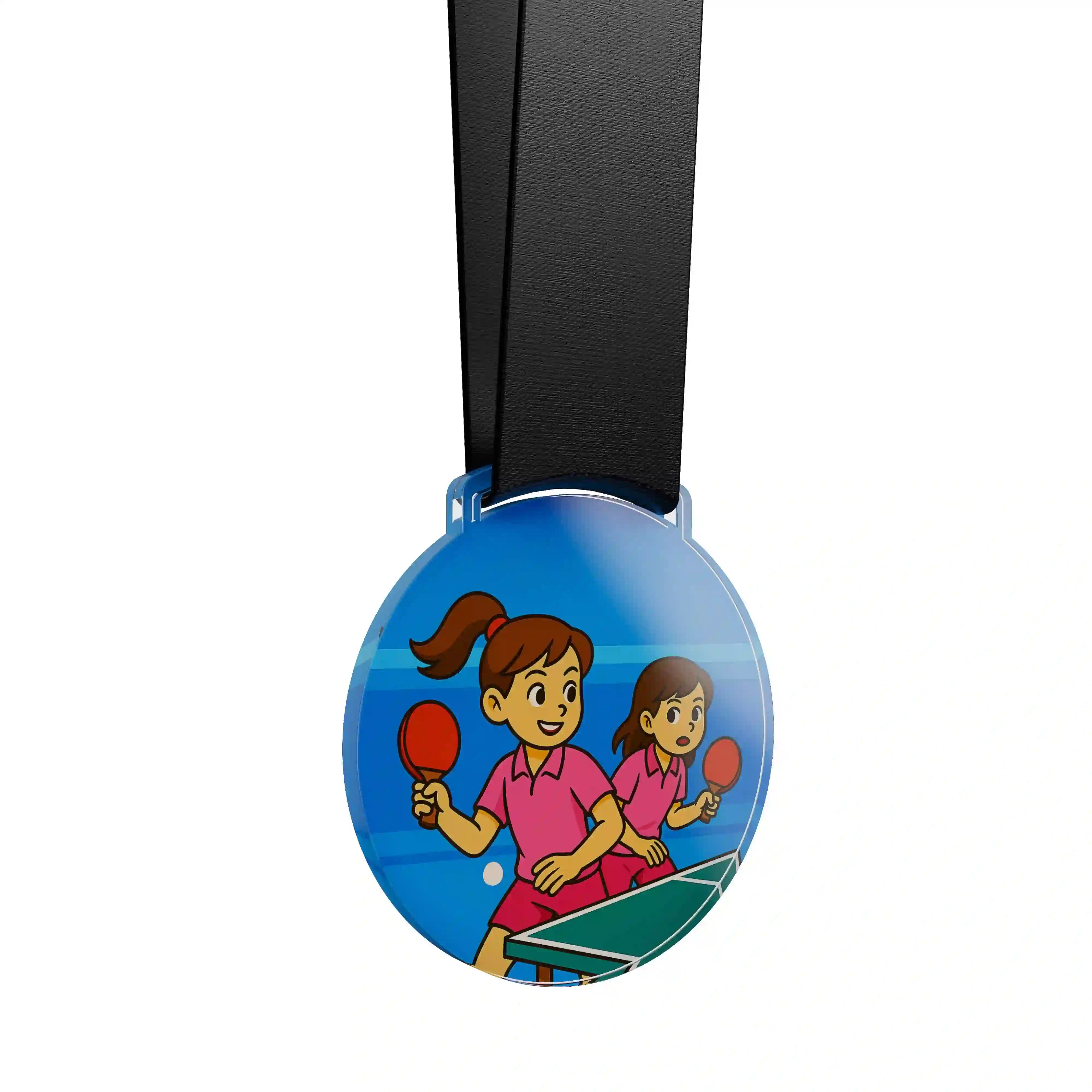 médaille acrylique de deux jeunes filles faisant du ping pong 
