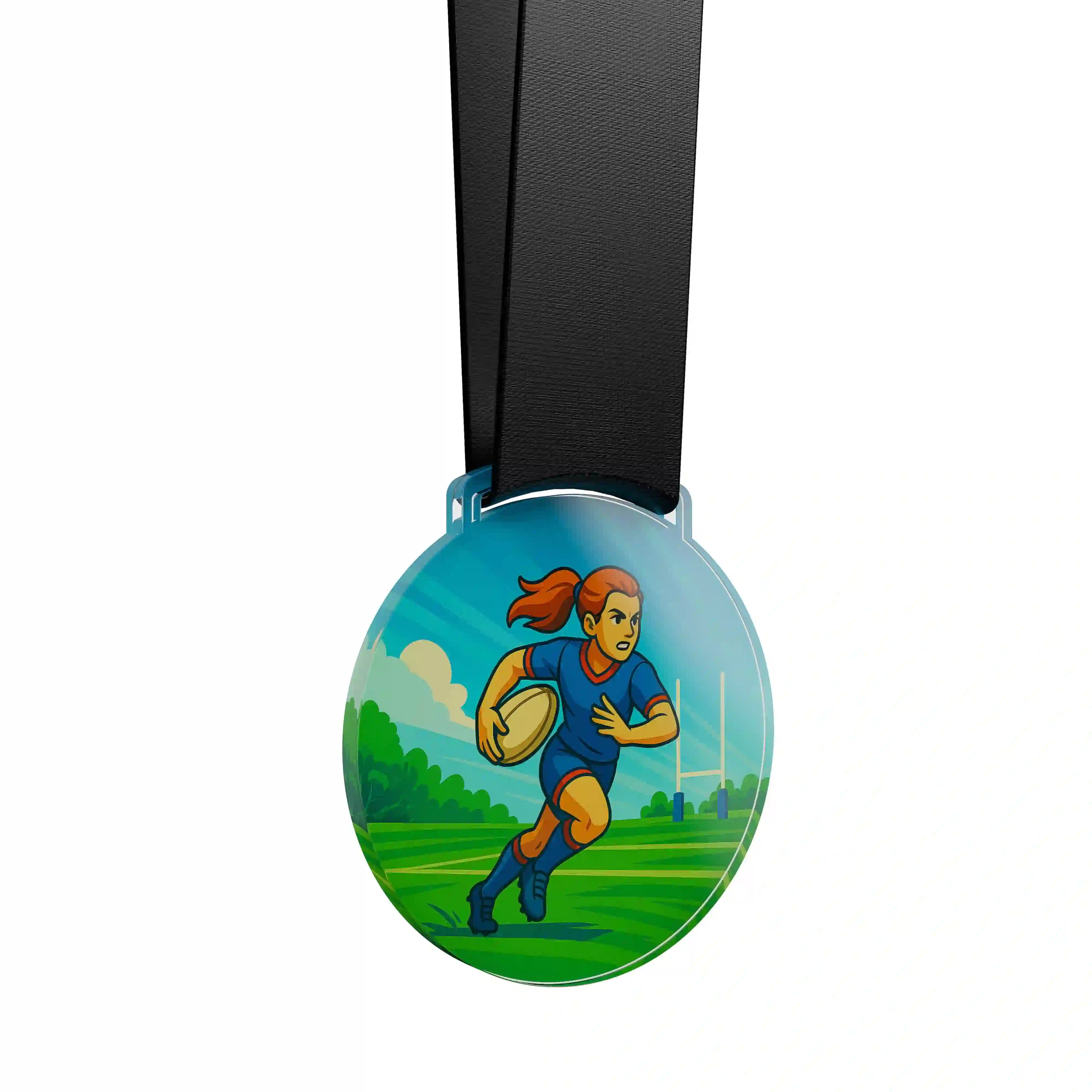 médaille acrylique d'une femme faisant du rugby 