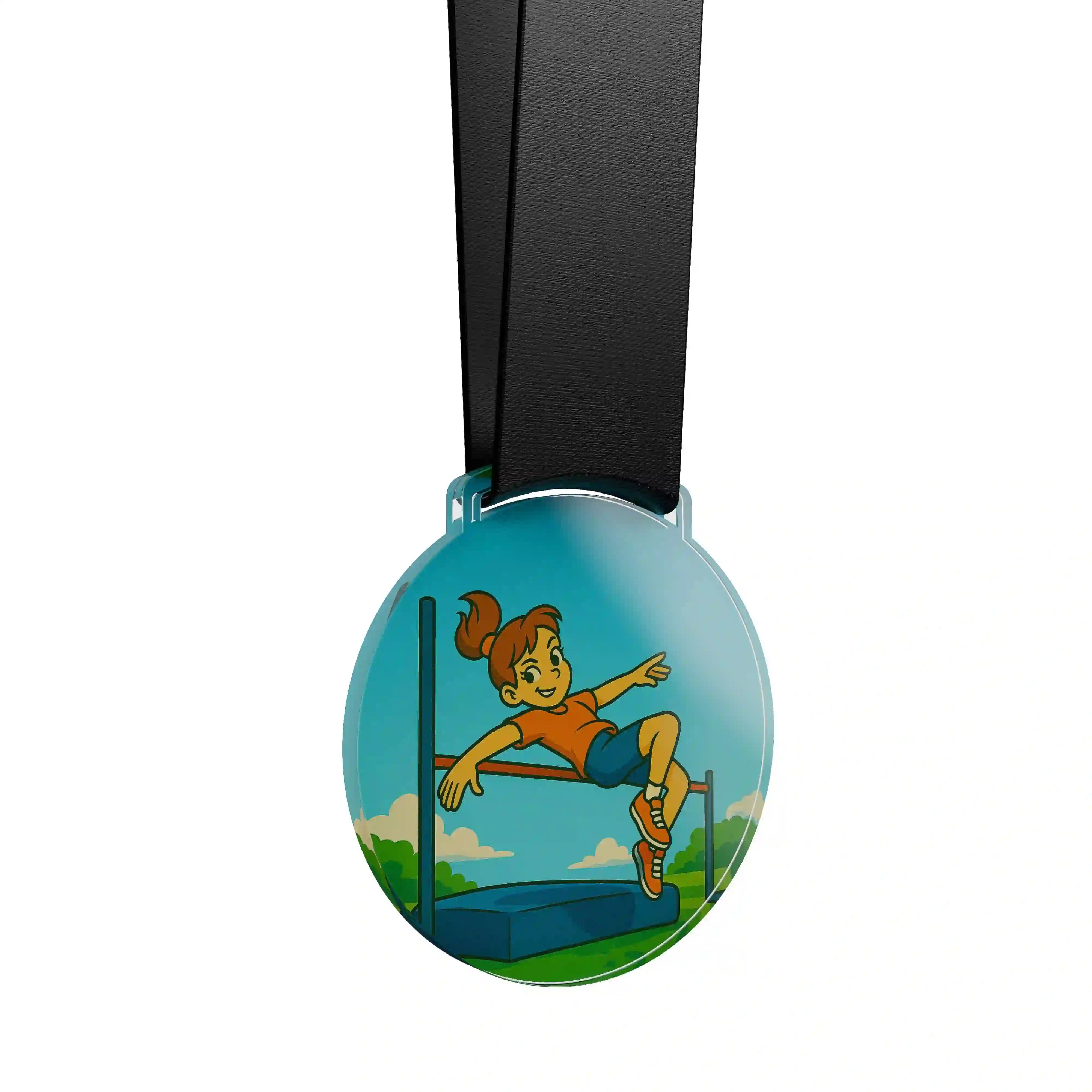 médaille acrylique d'une jeune fille faisant du saut en hauteur