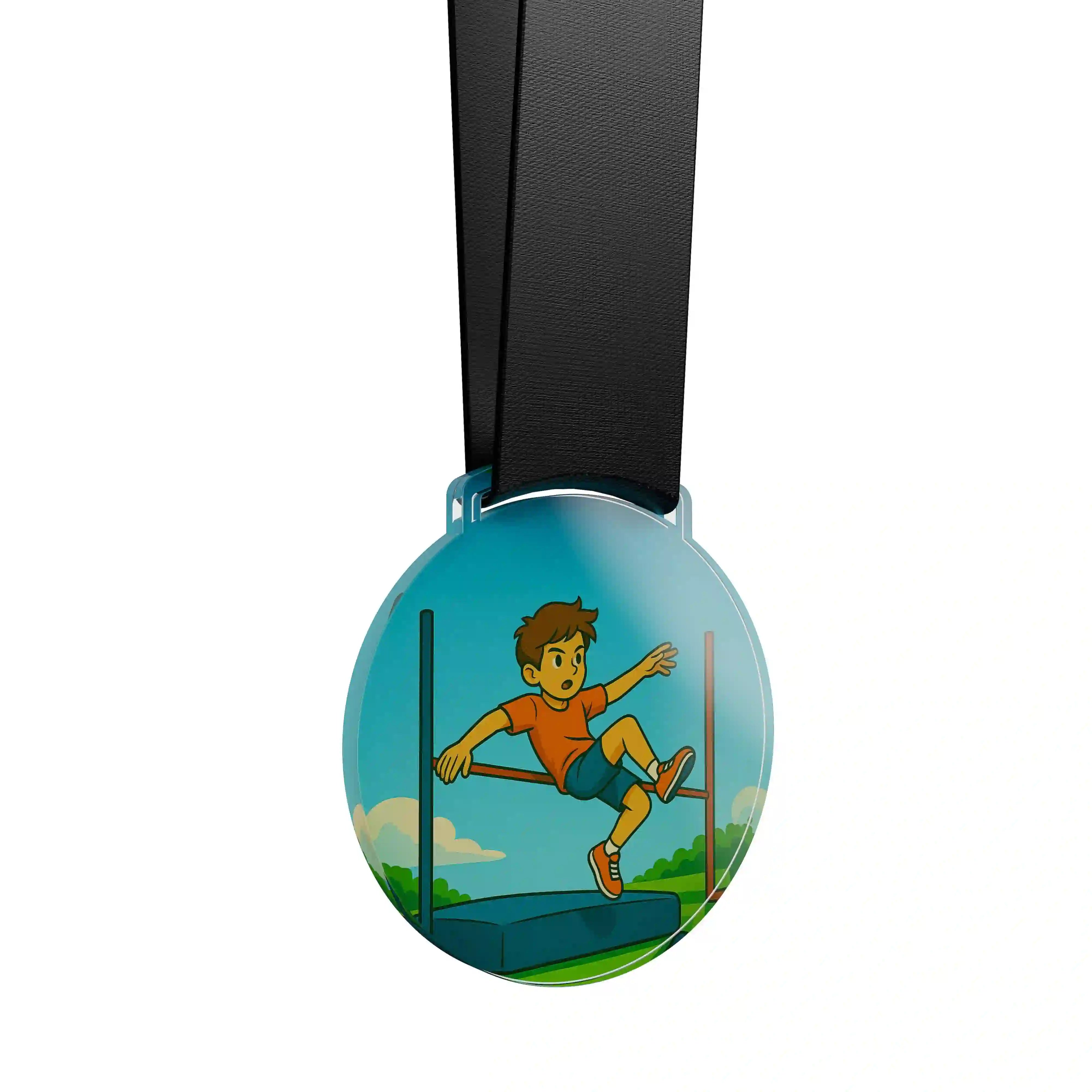 médaille acrylique d'un garçon faisant du saut en hauteur 