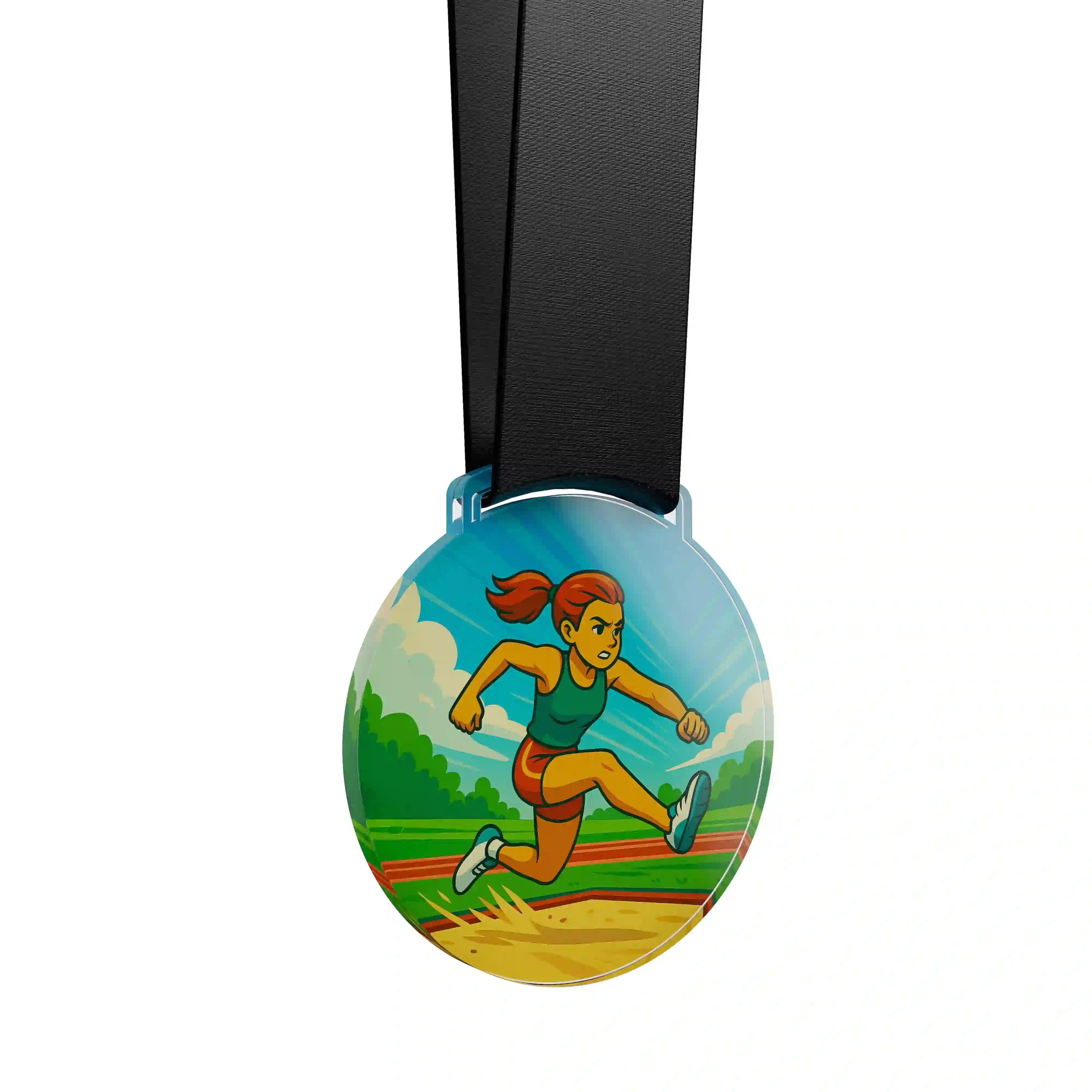 médaille acrylique d'une femme faisant du saut en longueur 