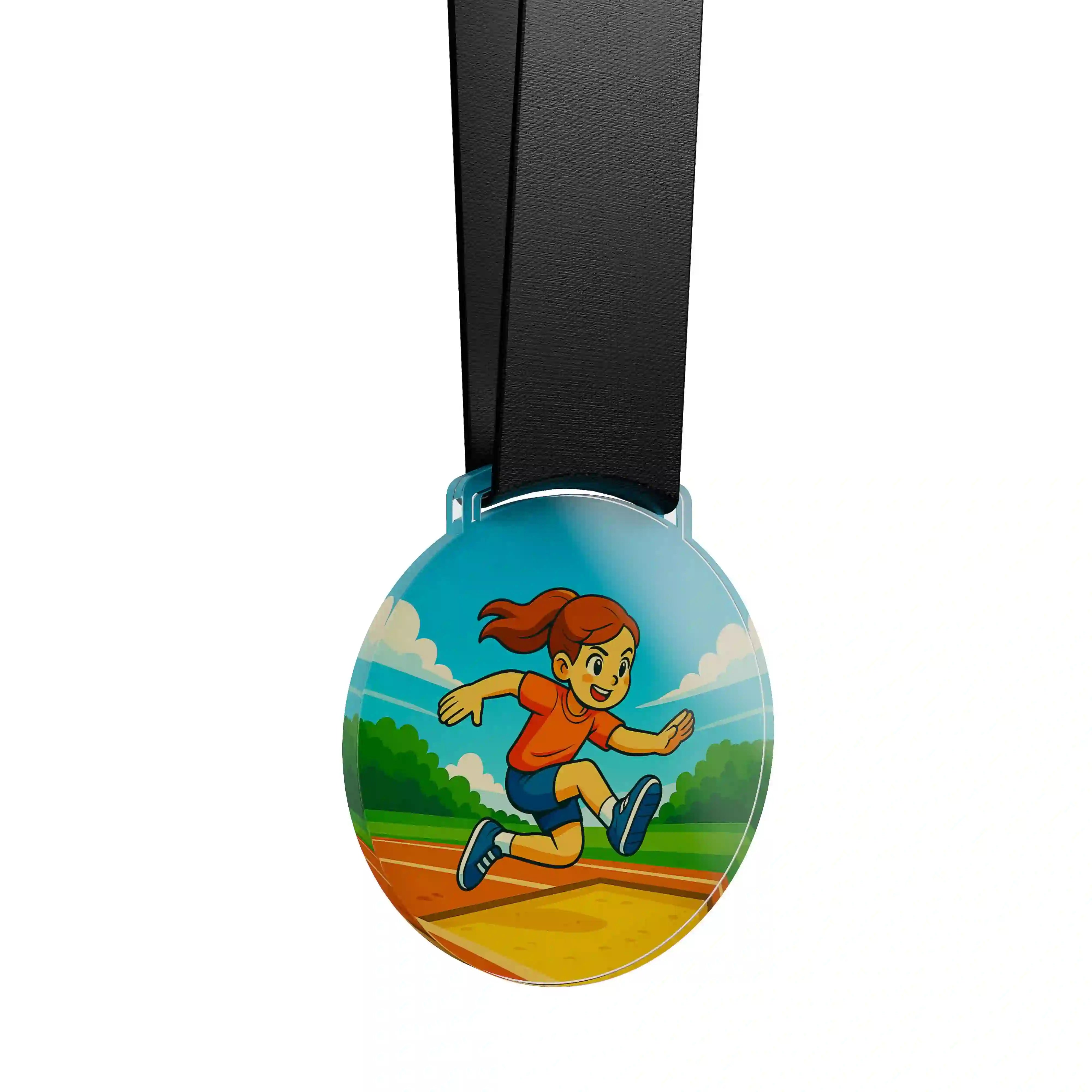 médaille acrylique d'une jeune fille faisant du saut en longueur 