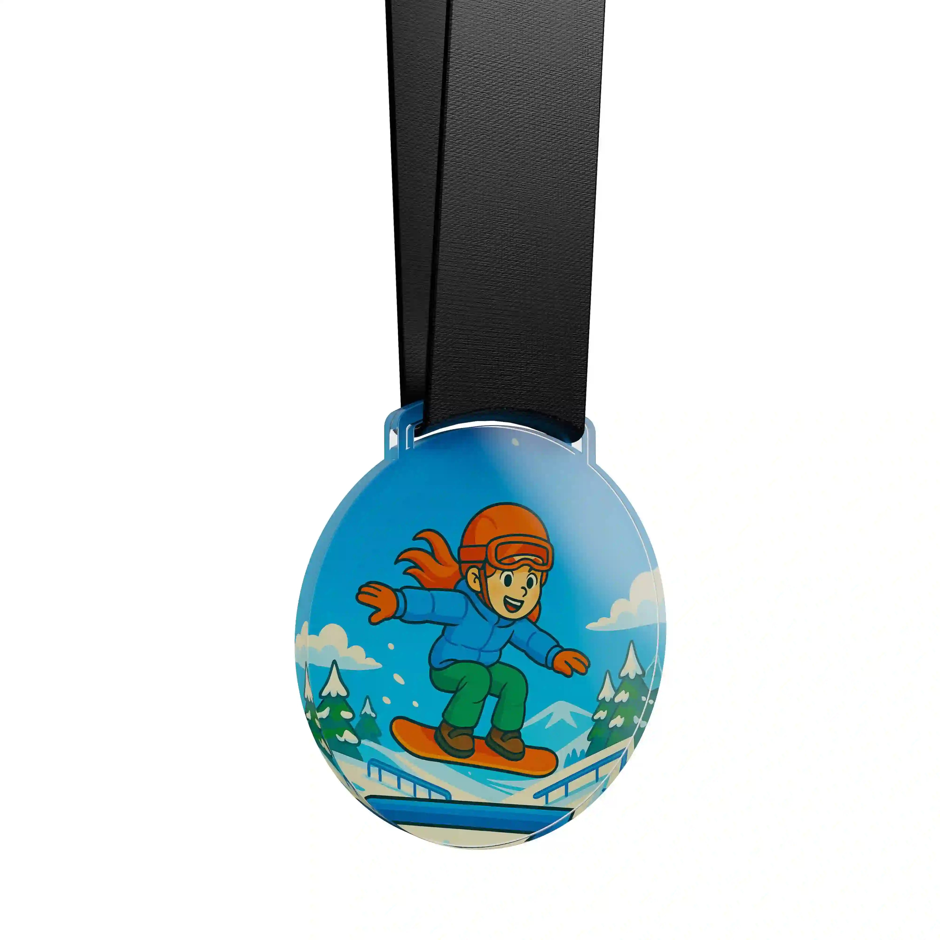 médaille acrylique d'une jeune fille faisant su snowboard