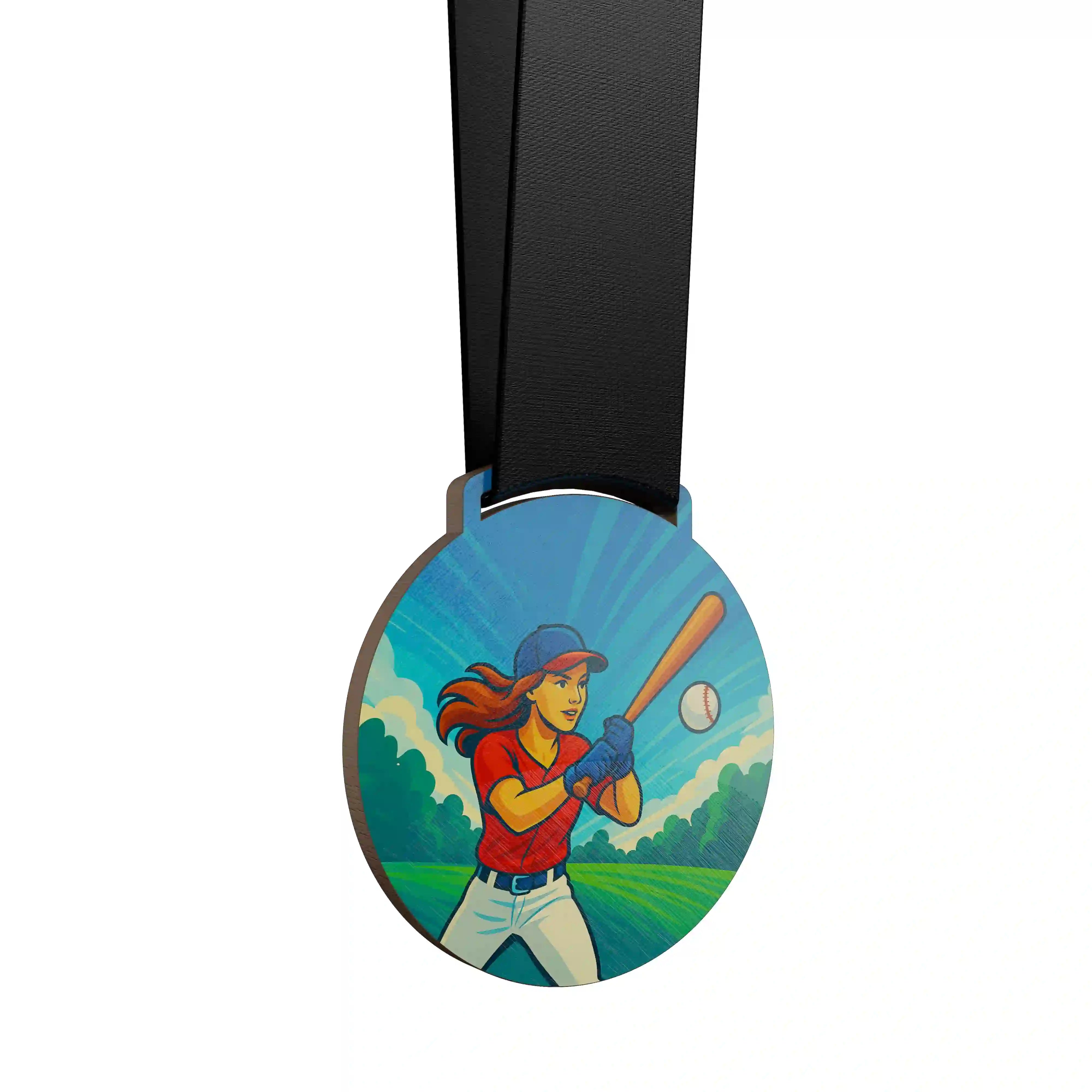 médaille en bois d'une femme qui fait du baseball