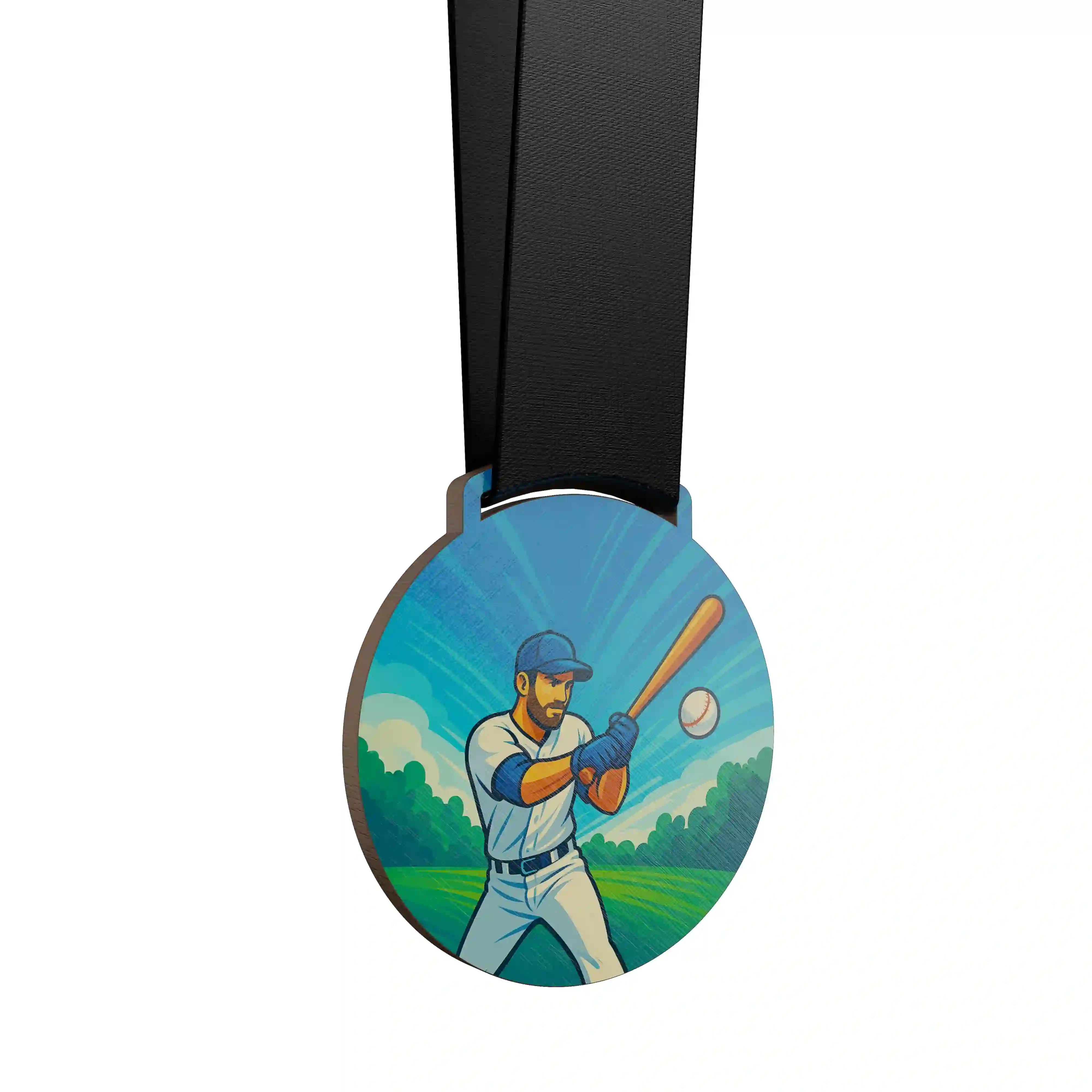 médaille en bois d'un homme qui fait du baseball
