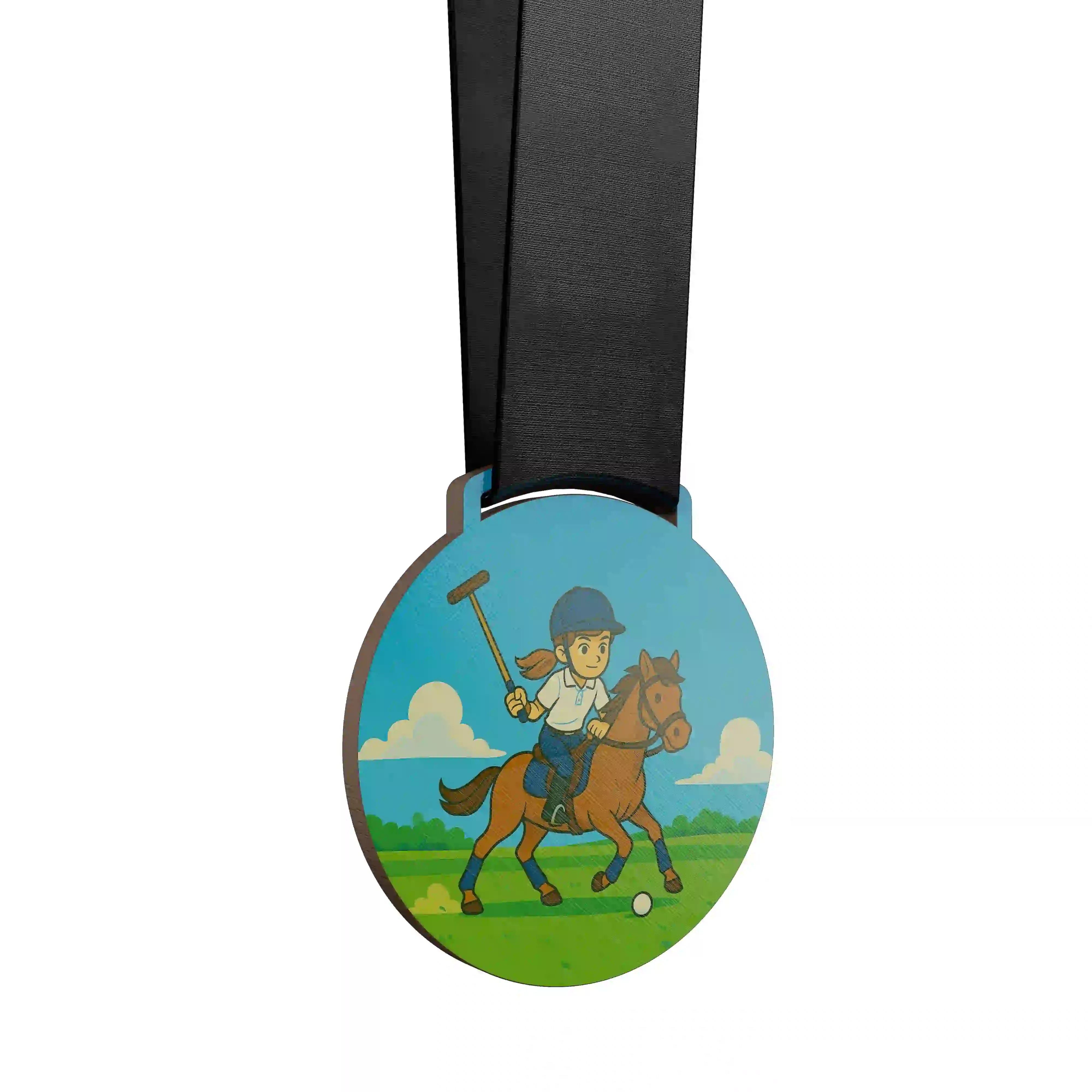 Jeune fille jouant au polo à cheval.
