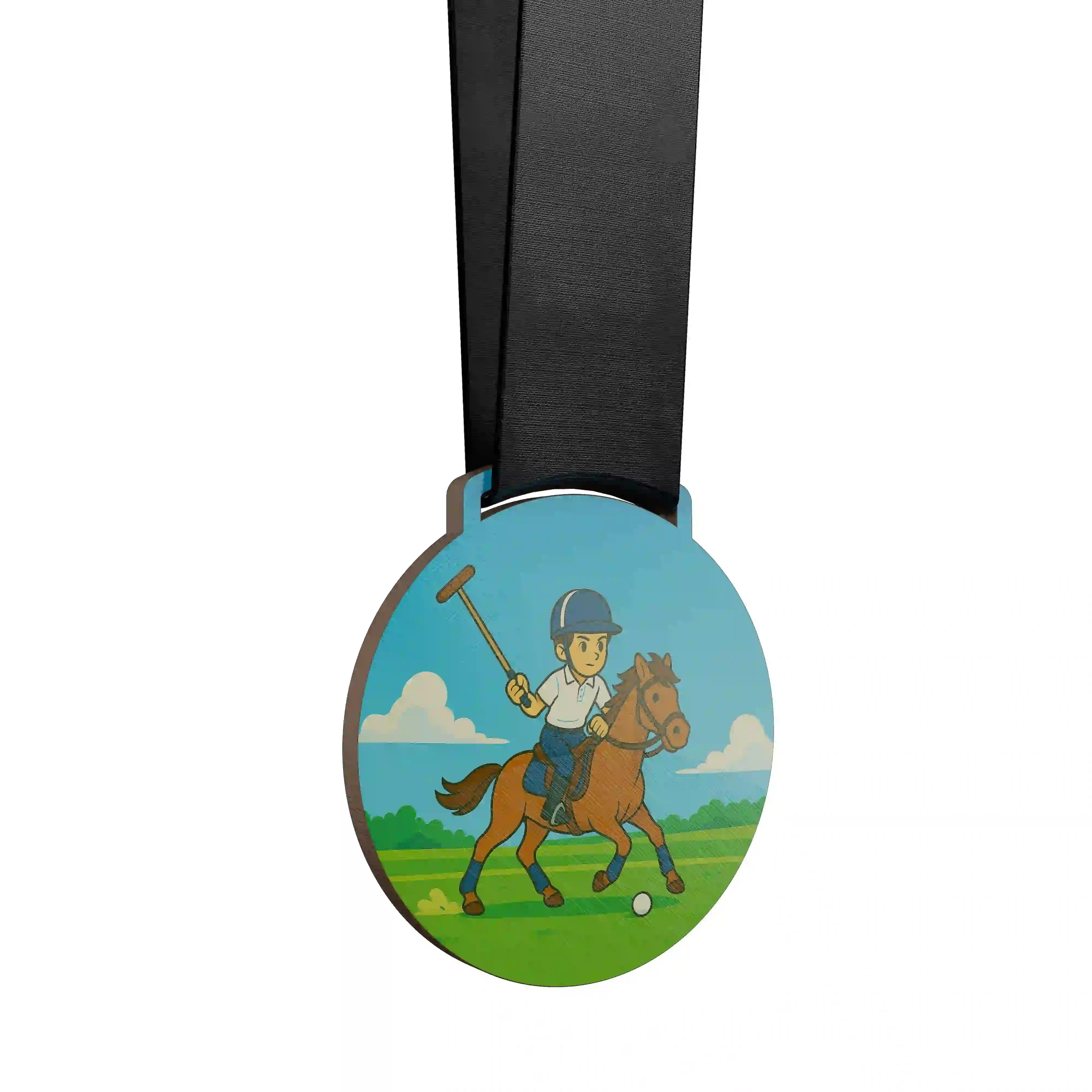 Jeune garçon jouant au polo à cheval.
