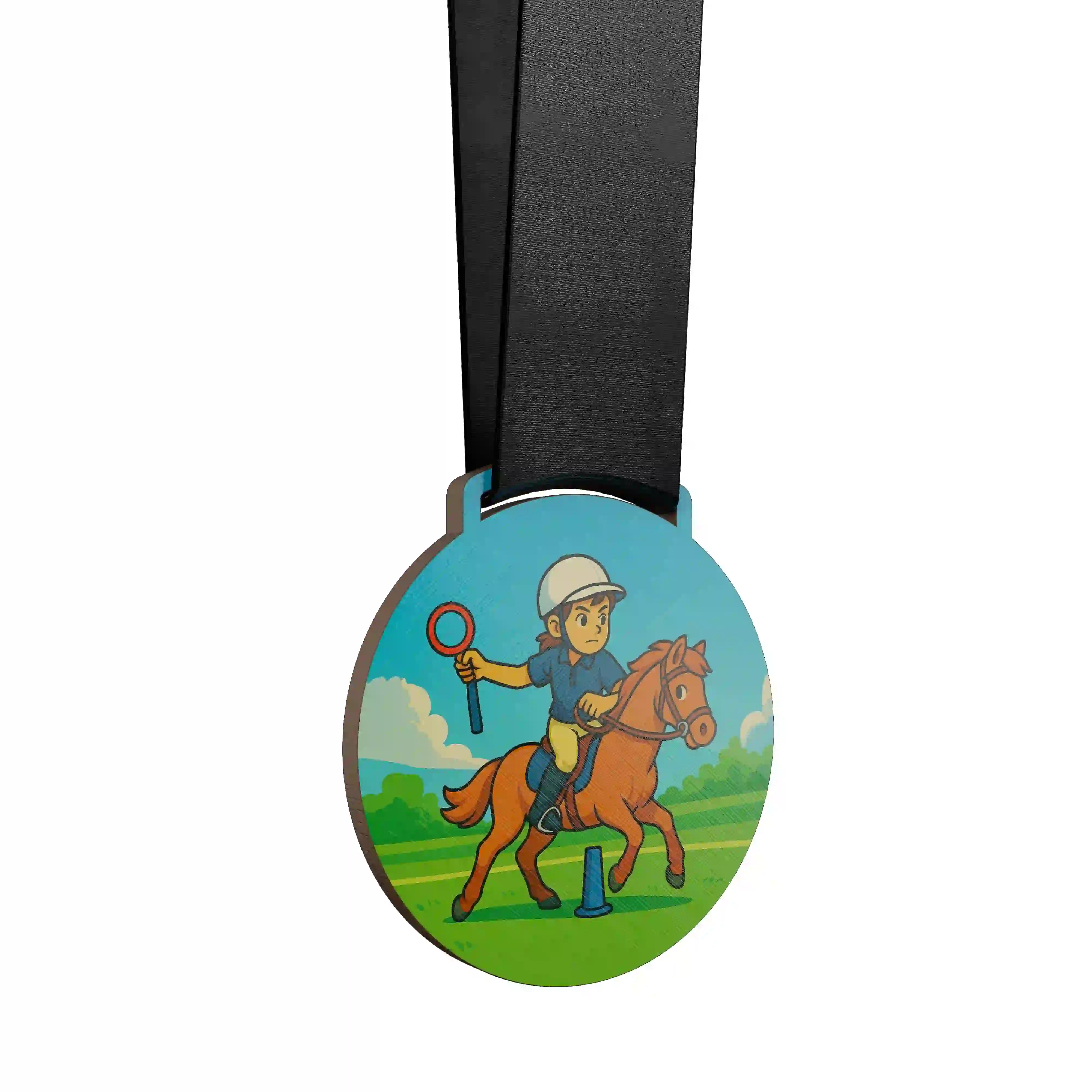 Jeune cavalière en pony game slalomant.
