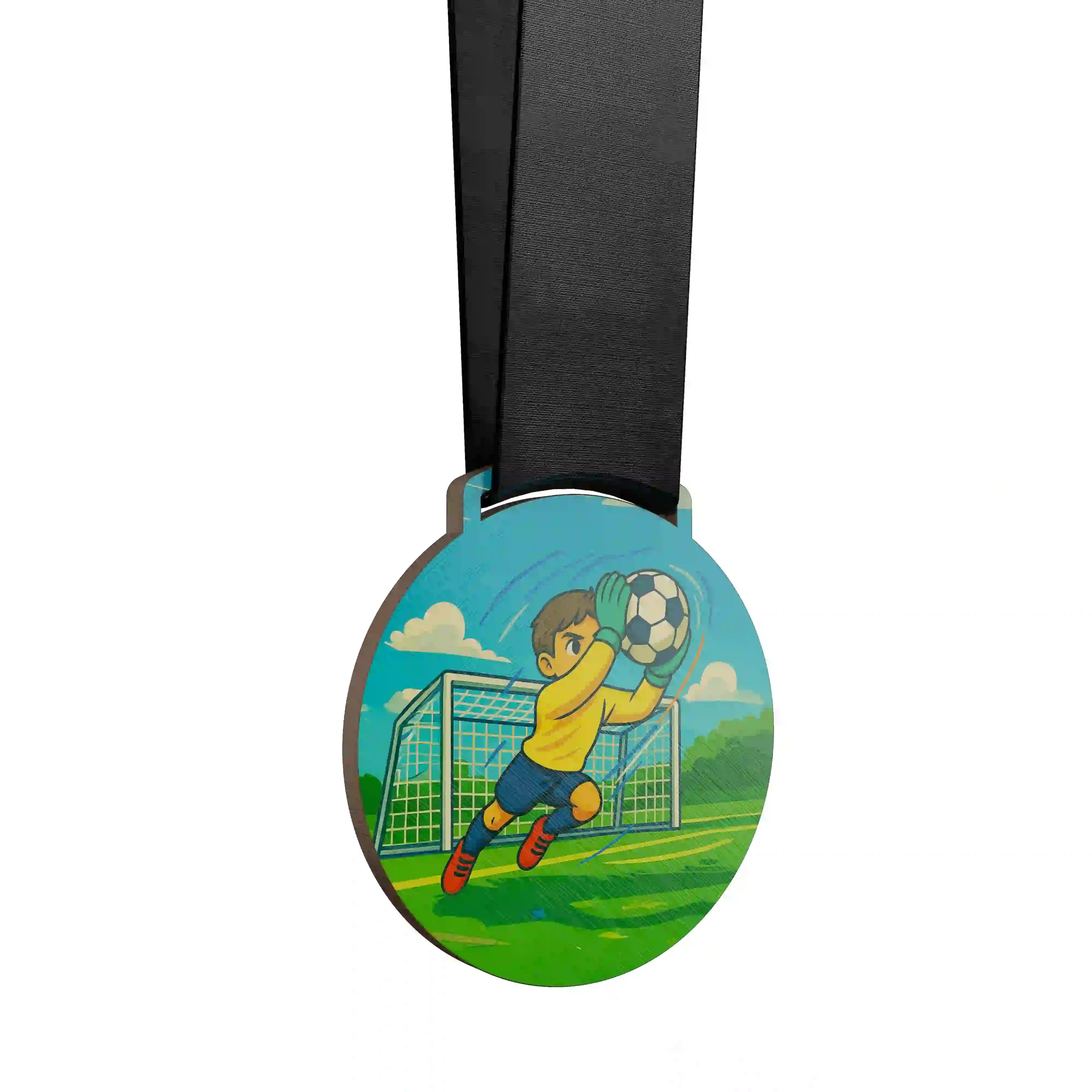 Jeune gardien de football sautant pour attraper un ballon.

