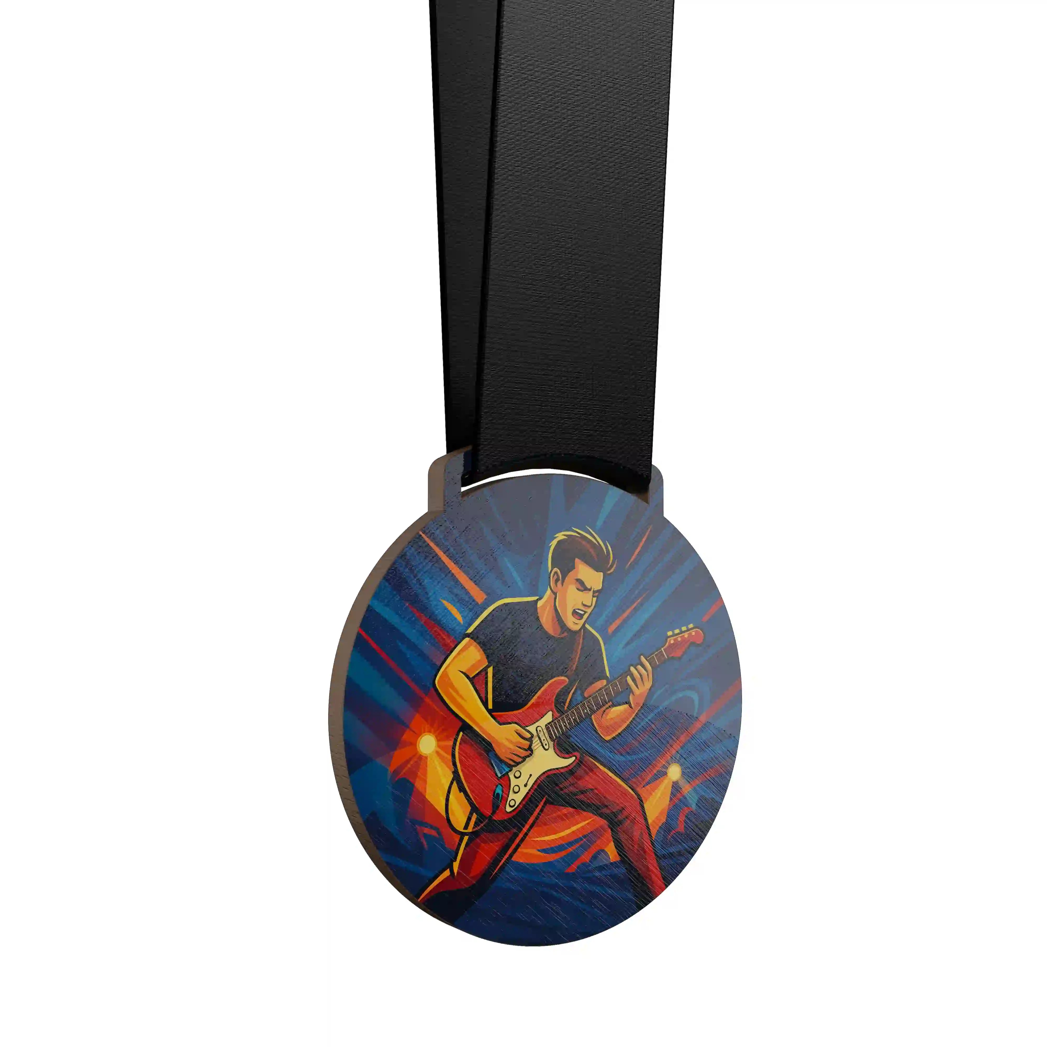 médaille en bois d'un homme jouant de la guitare