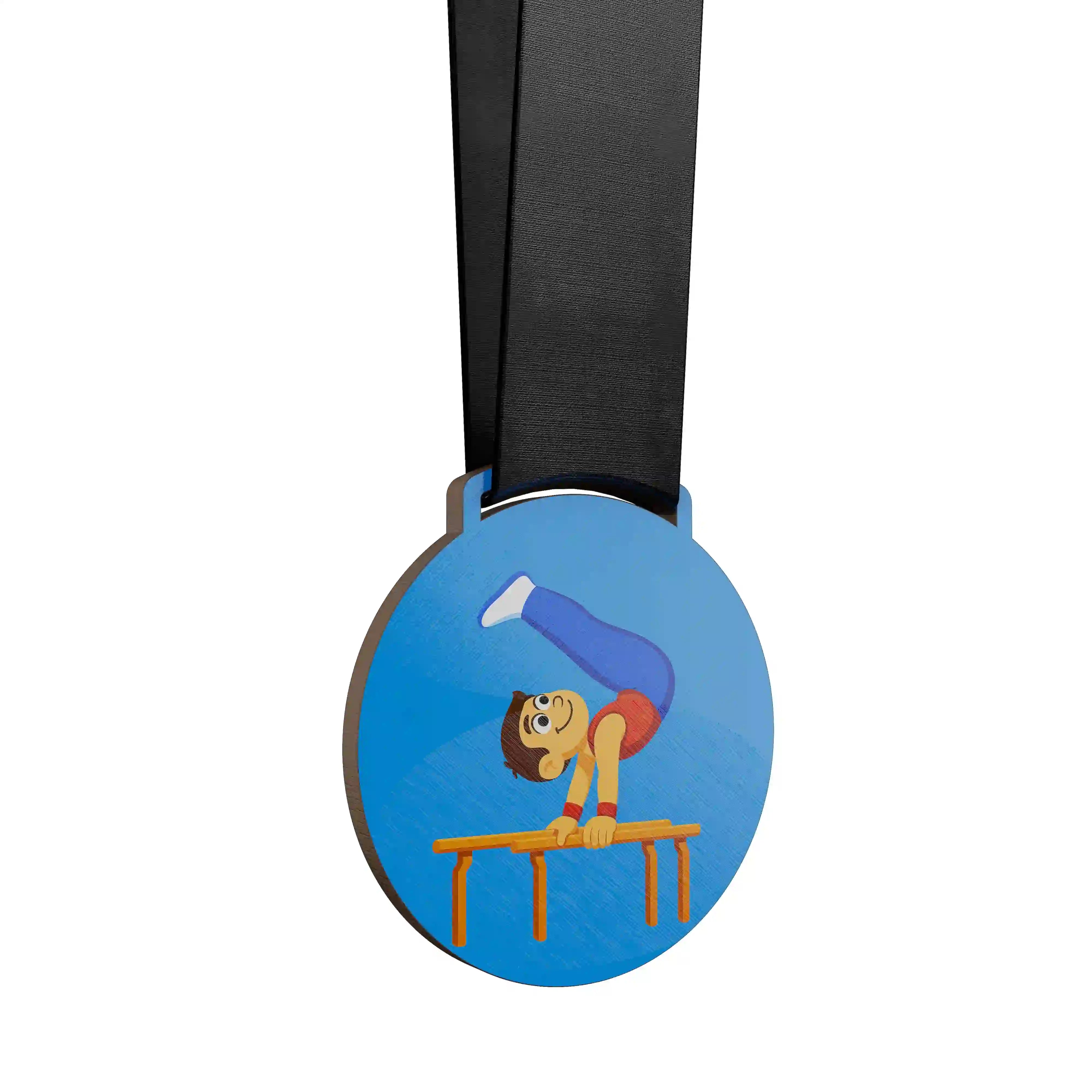 Petit garçon en gymnastique artistique, effectuant un équilibre dynamique sur les barres parallèles.