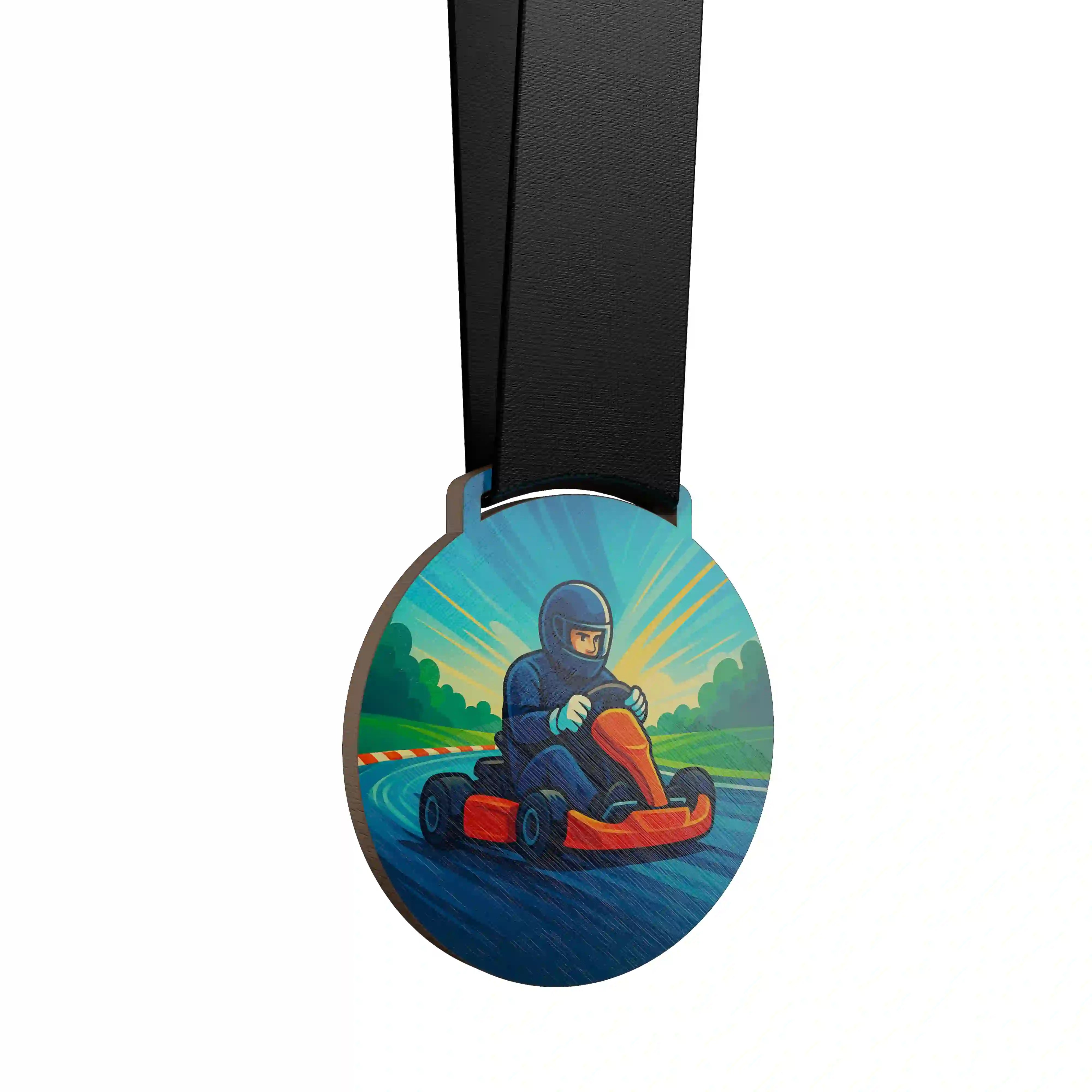 médaille en bois d'un homme faisant du karting