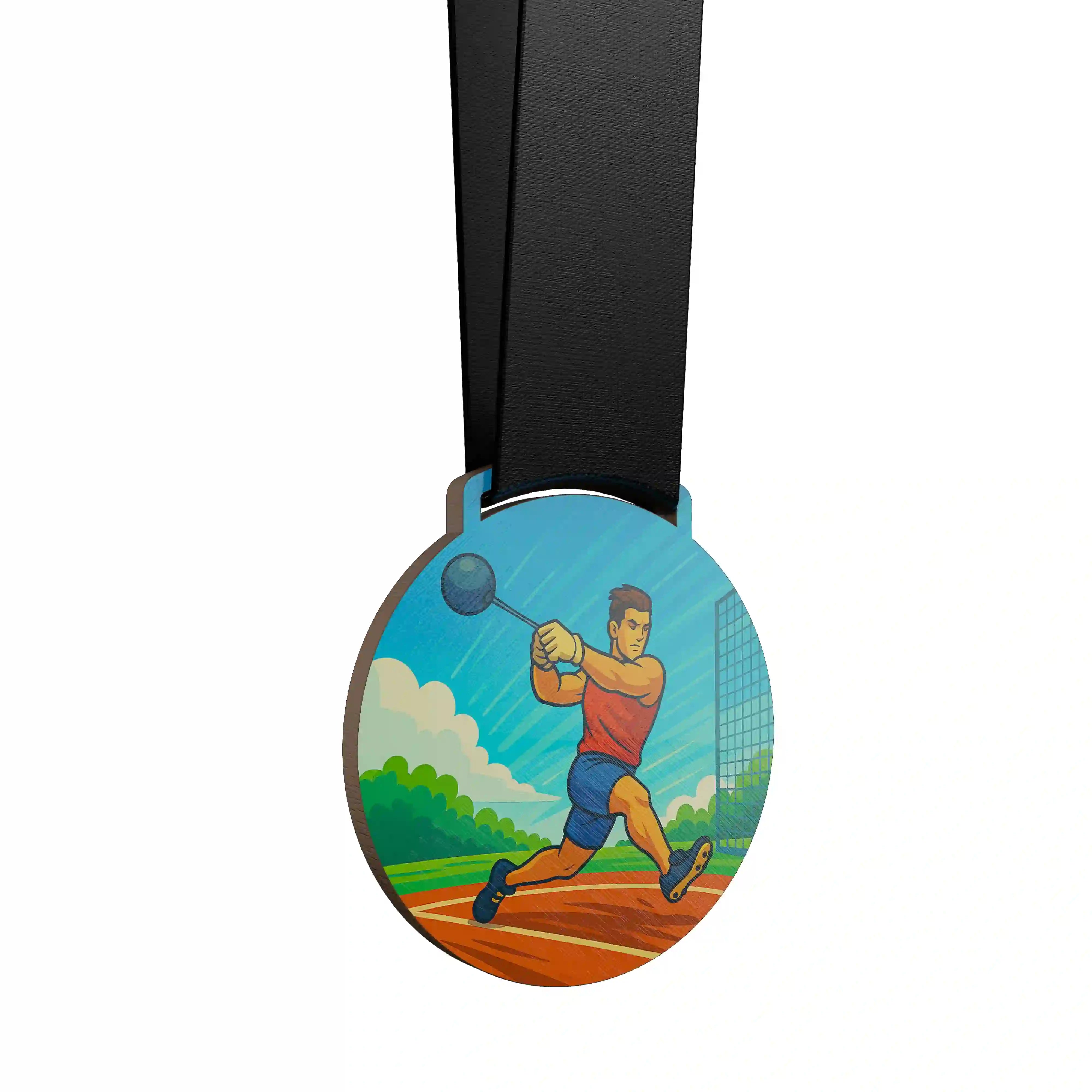 médaille au bois d'un homme faisant du lancer du marteau