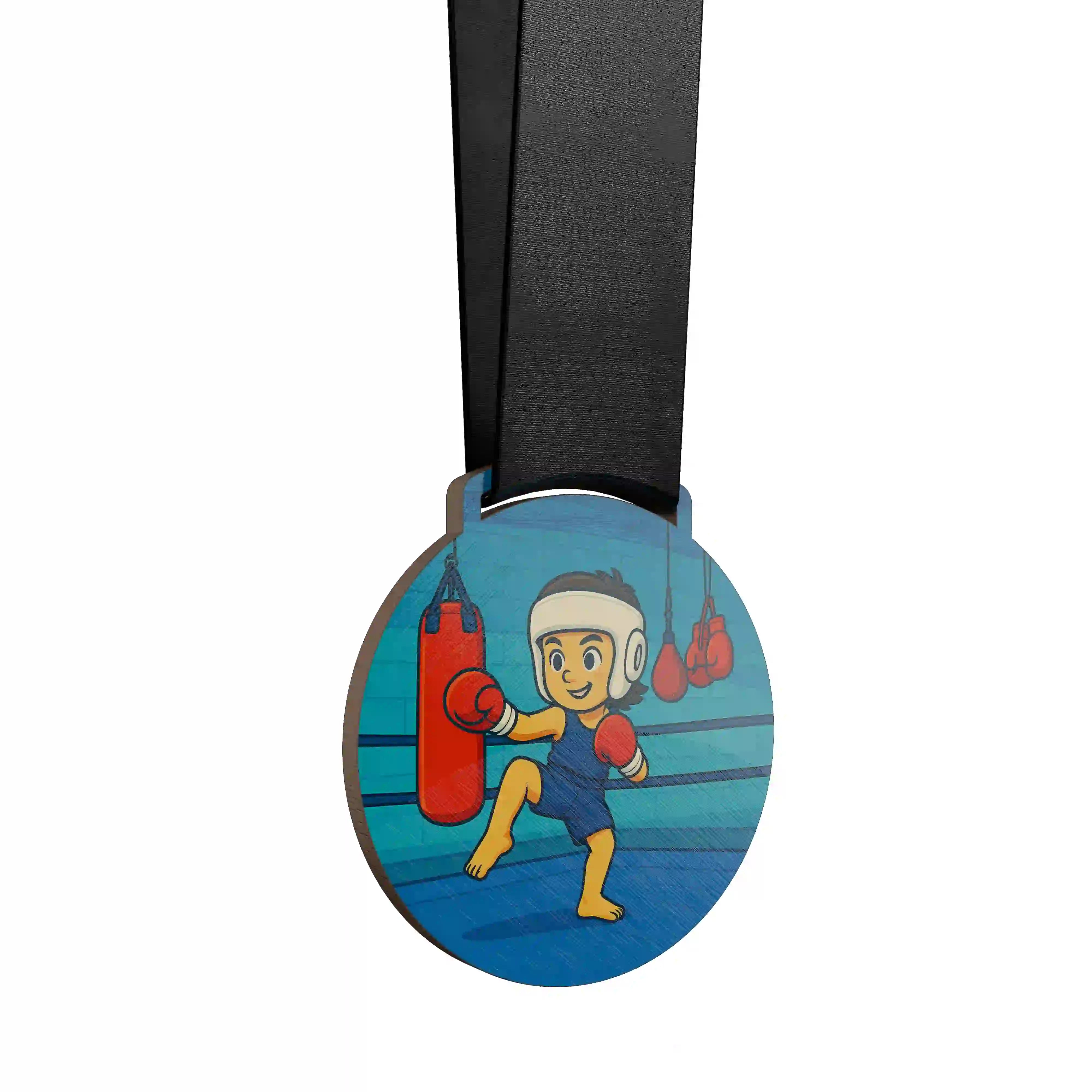 médaille en bois d'une jeune fille faisant du muay thaï