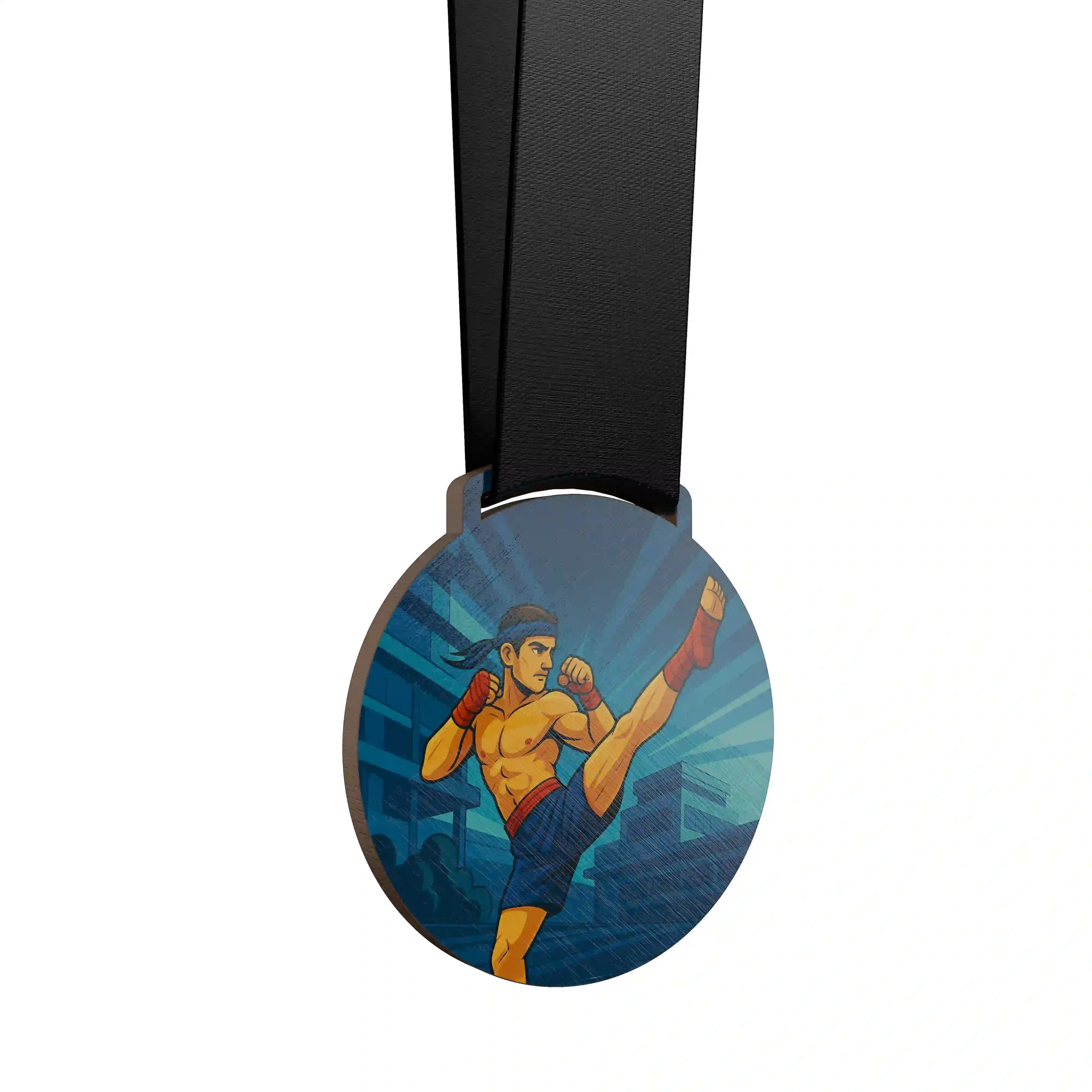 médaille en bois d'un homme faisant du muay thaï