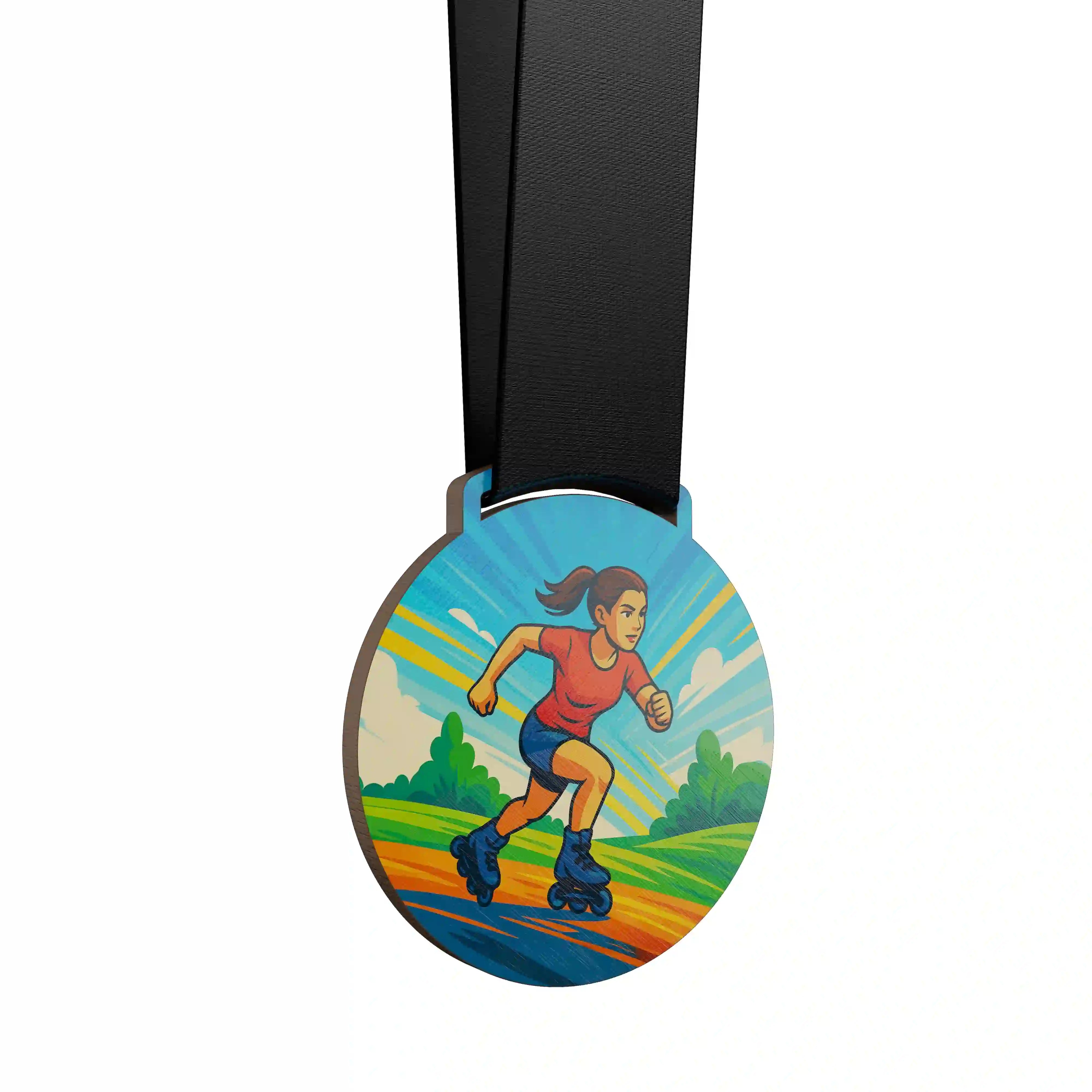 médaille en bois d'une femme faisant du patin à roulette