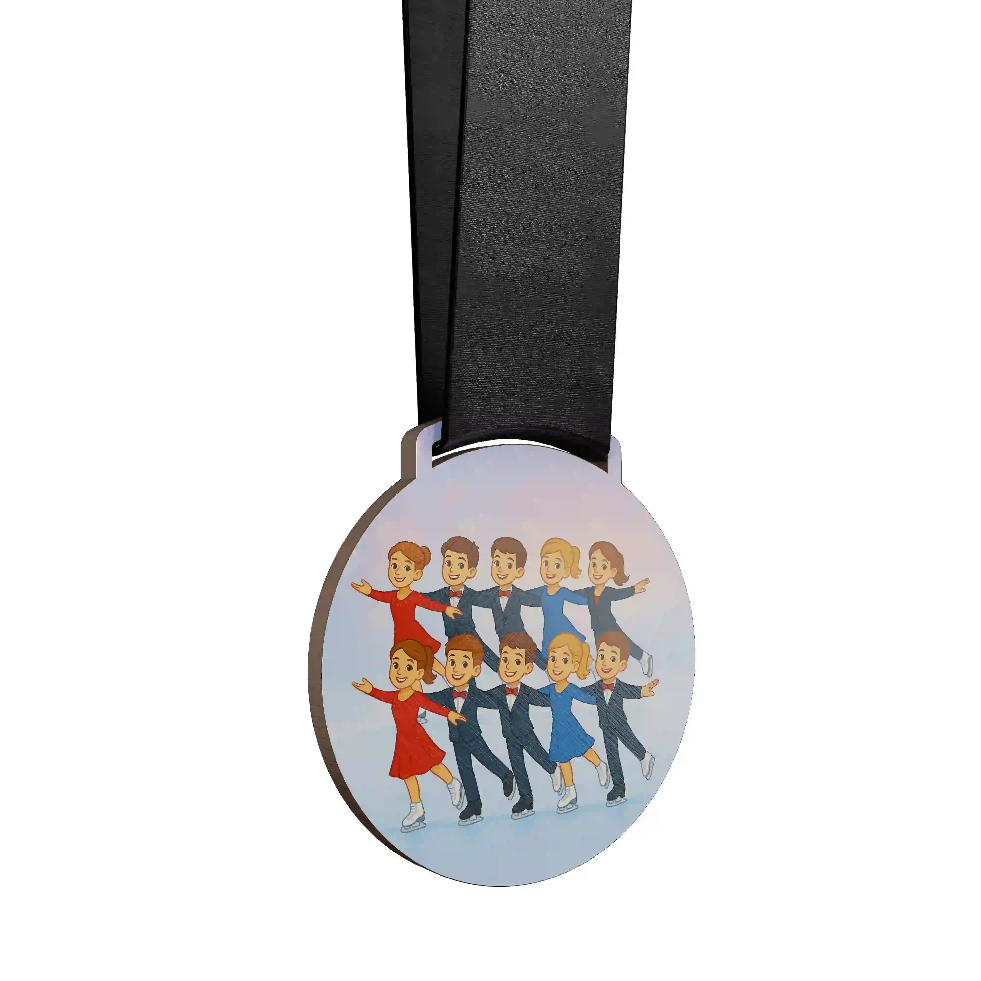 médaille en bois d'un groupe d'enfants faisant du patinage artistique