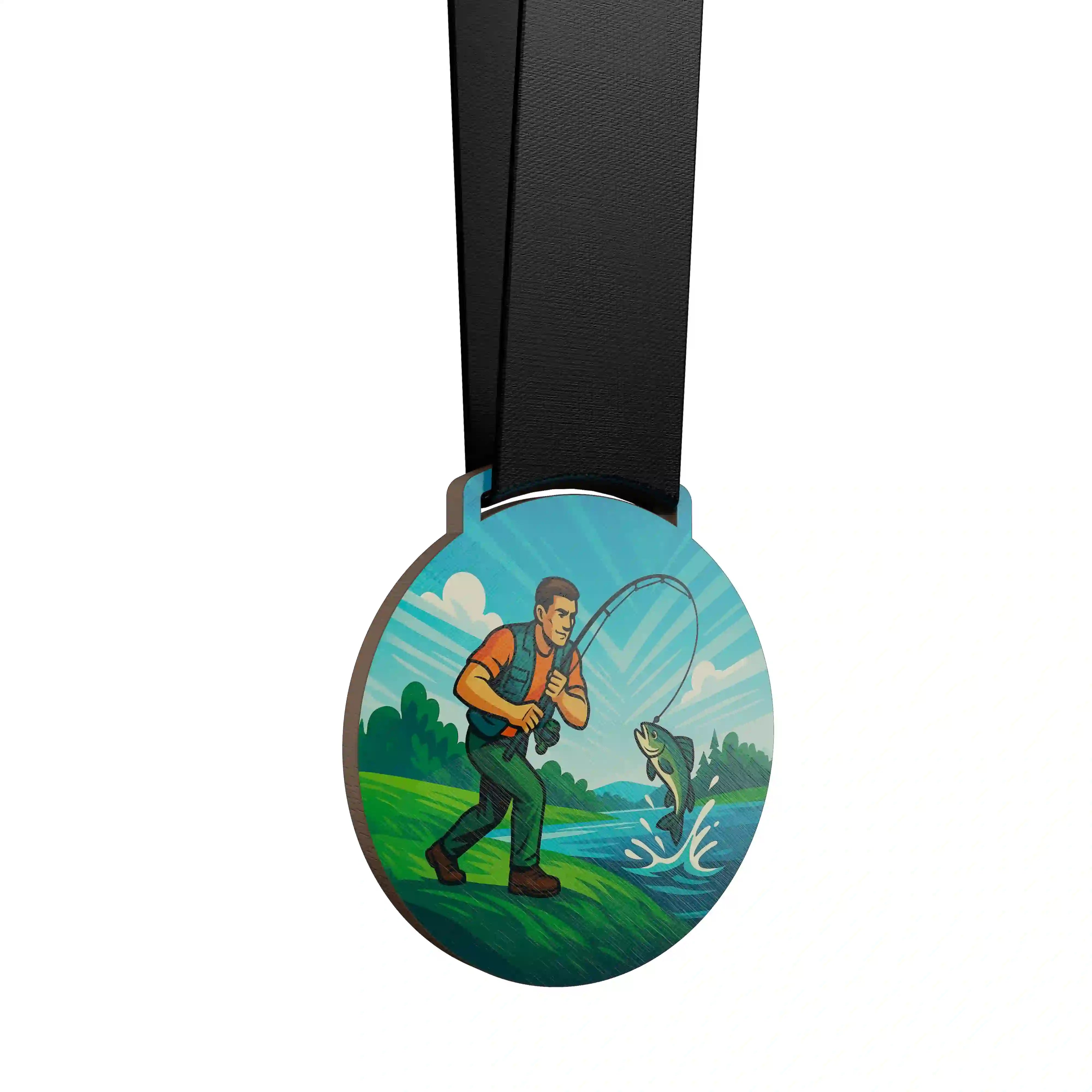 médaille en bois d'un homme pêchant un poisson
