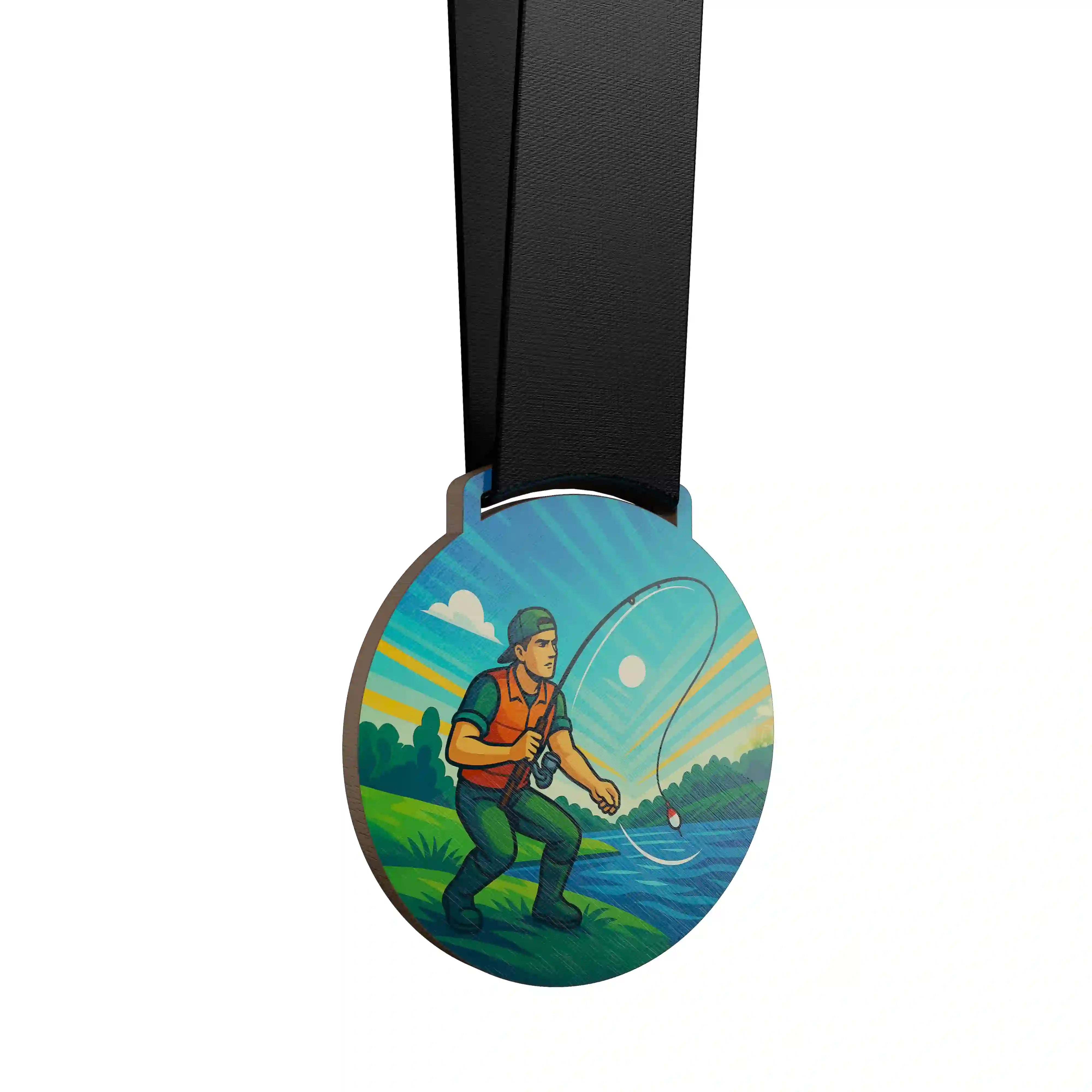médaille en bois d'un homme en train de pêcher