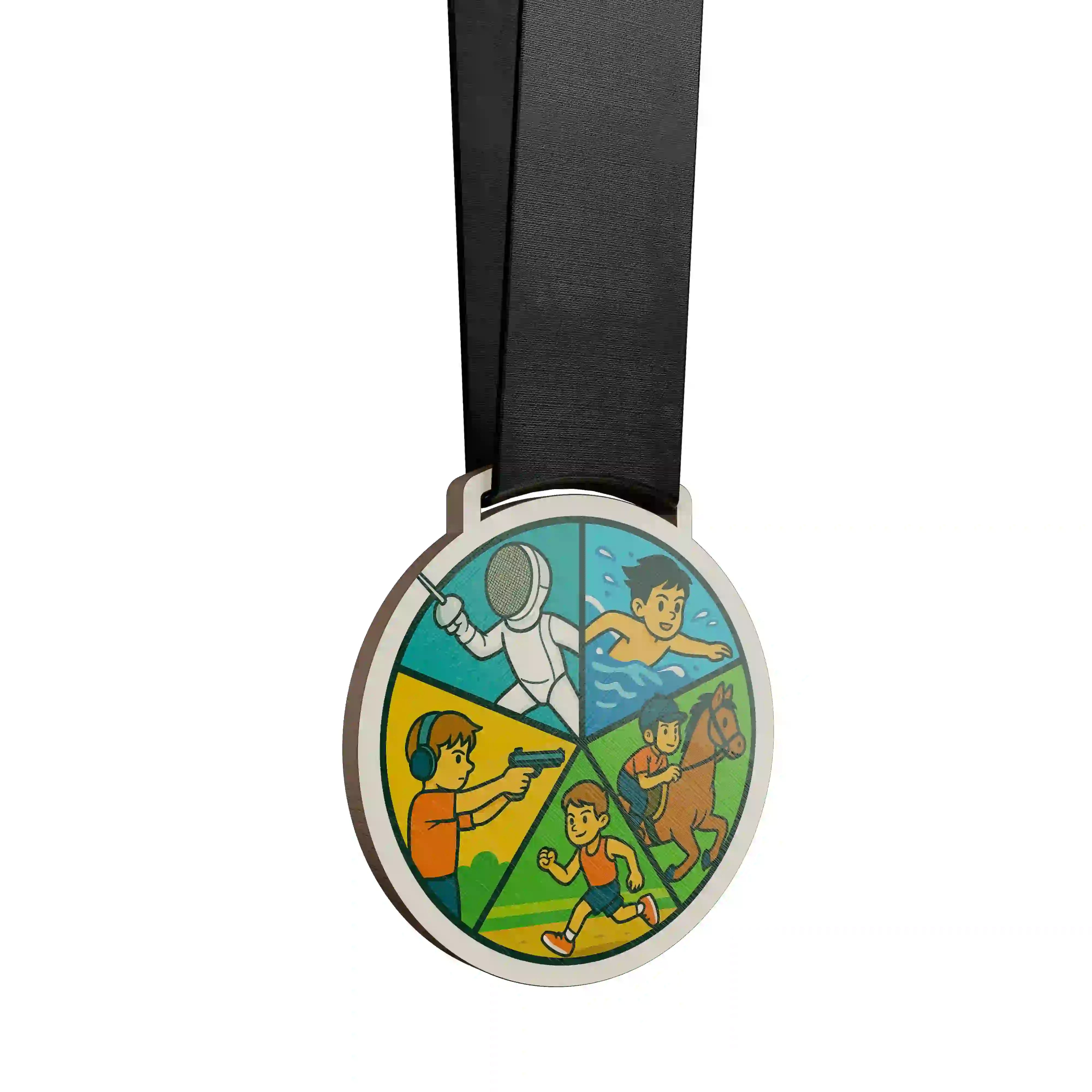 médaille en bois mettant en scène un garçon effectuant un penthalon moderne