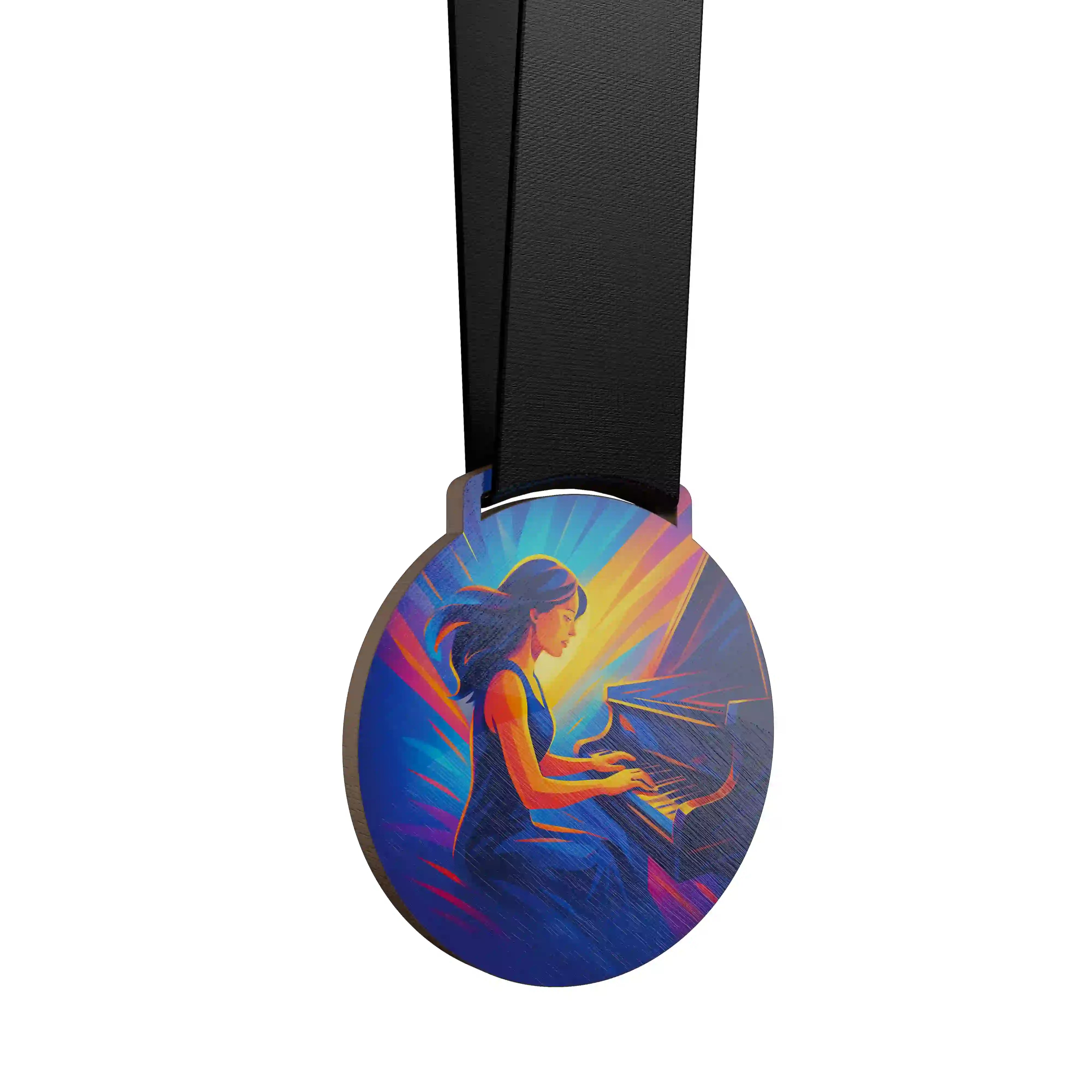 médaille en bois d'une femme jouant du piano