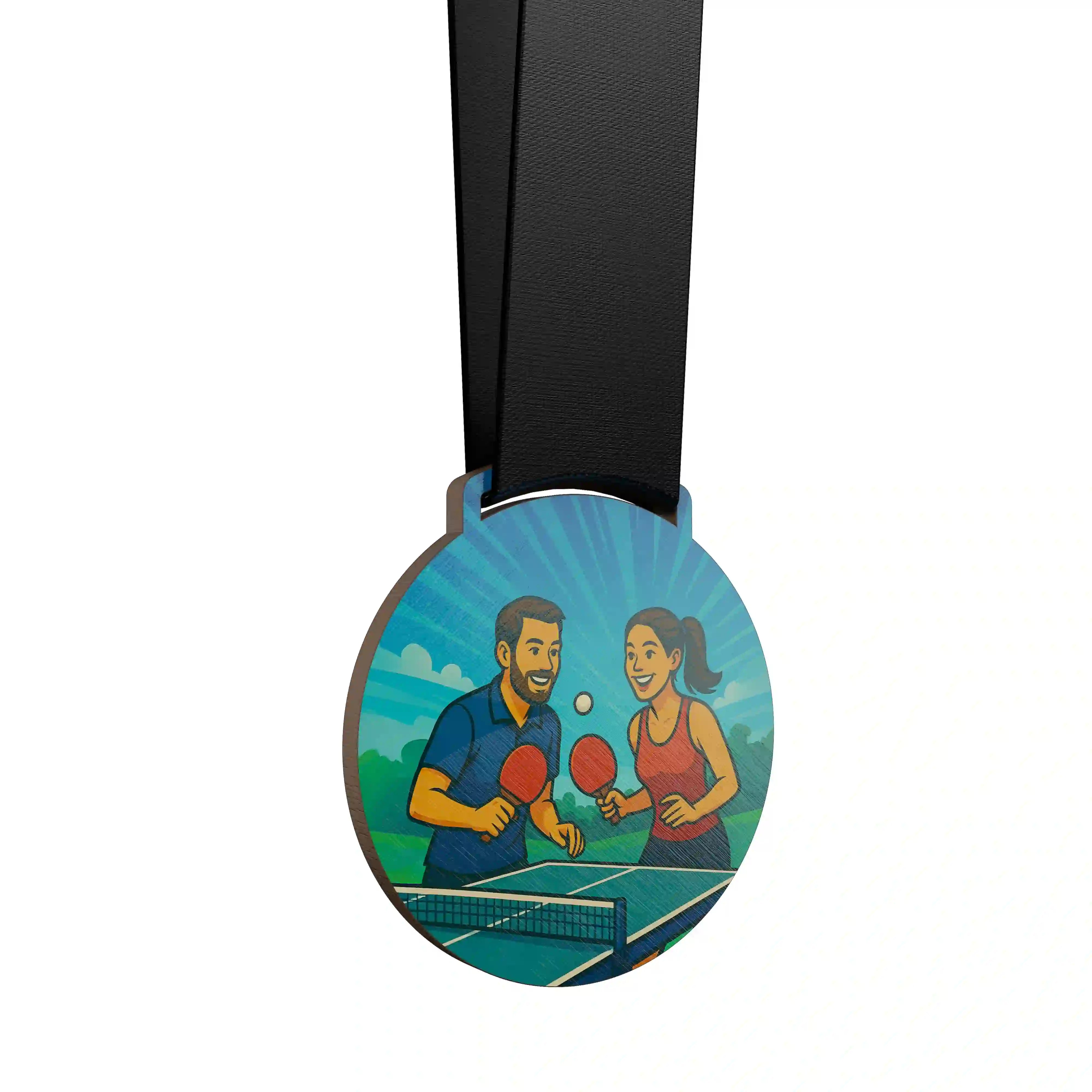 médaille en bois d'un duo mixte jouant au ping pong