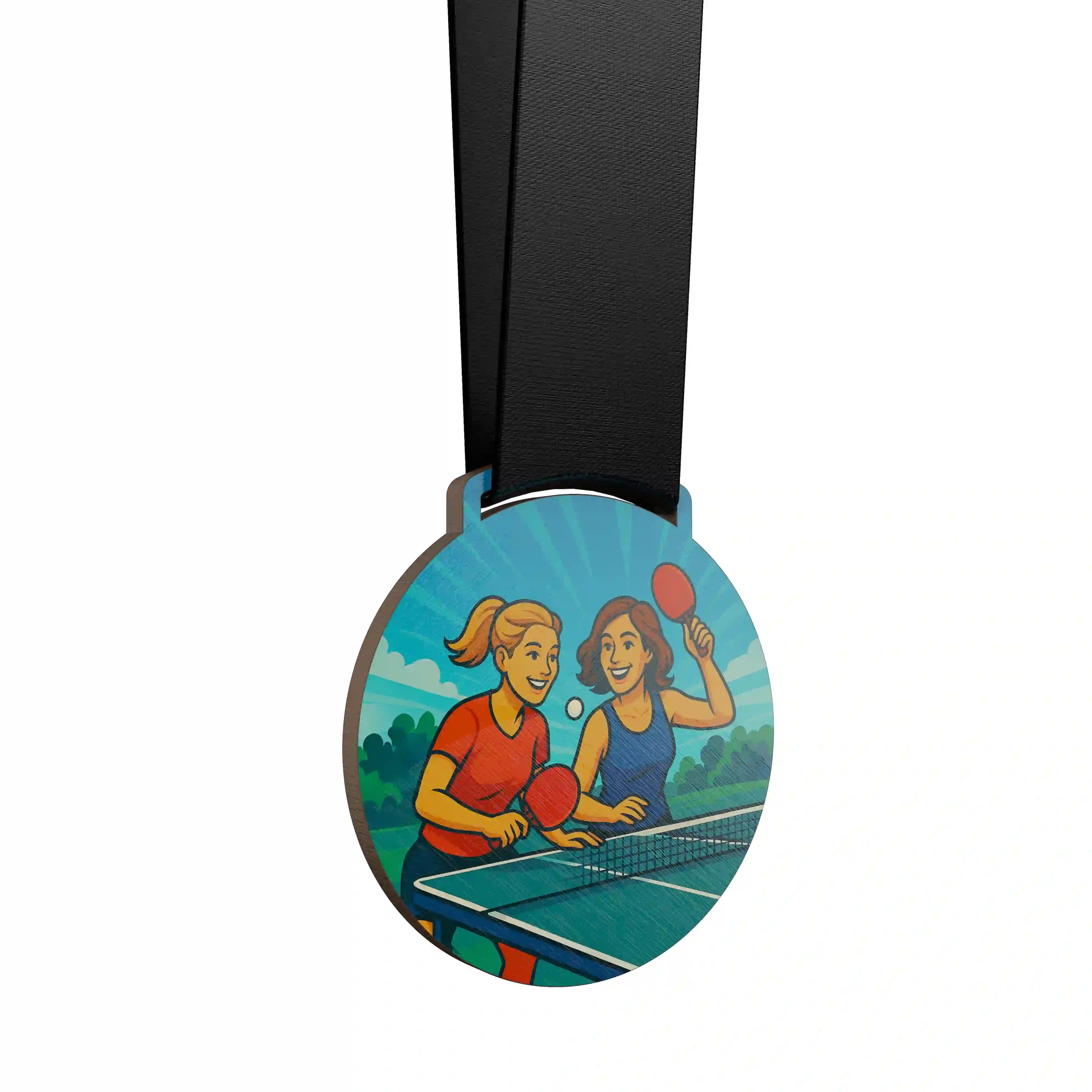 médaille en bois de deux femmes jouant au ping pong