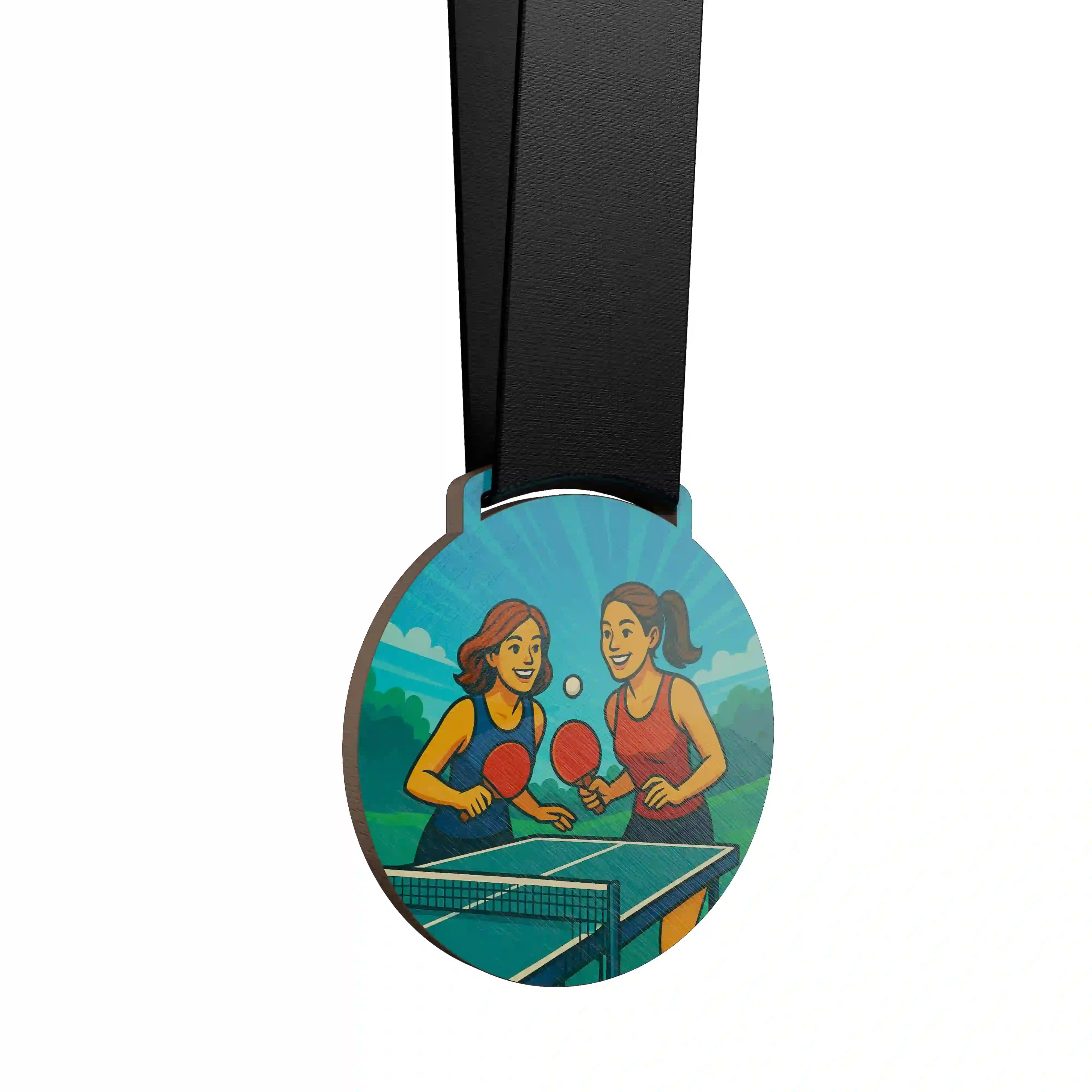 médaille en bois montrant deux femmes jouer au ping pong