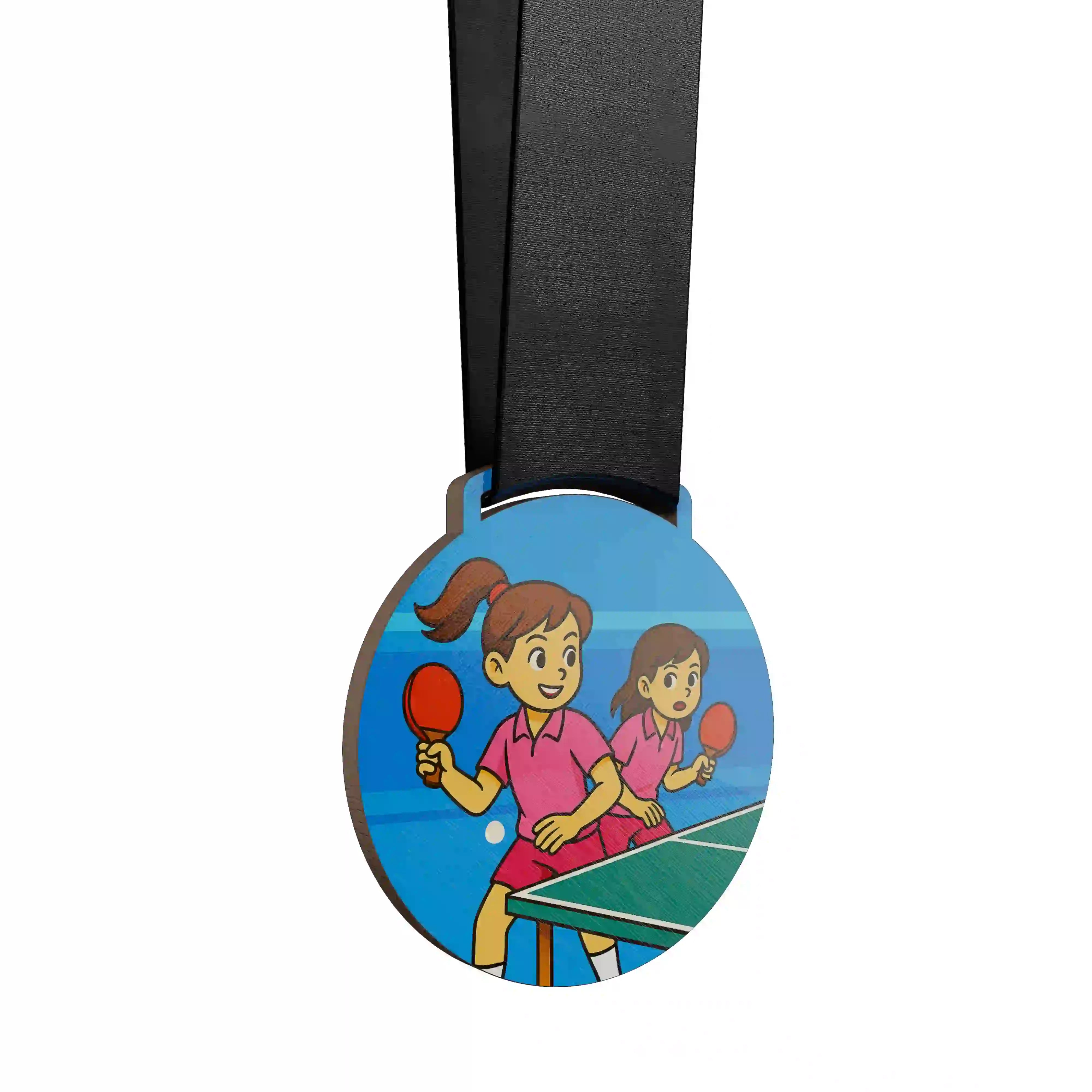 médaille en bois montrant deux jeunes filles jouant au ping pong