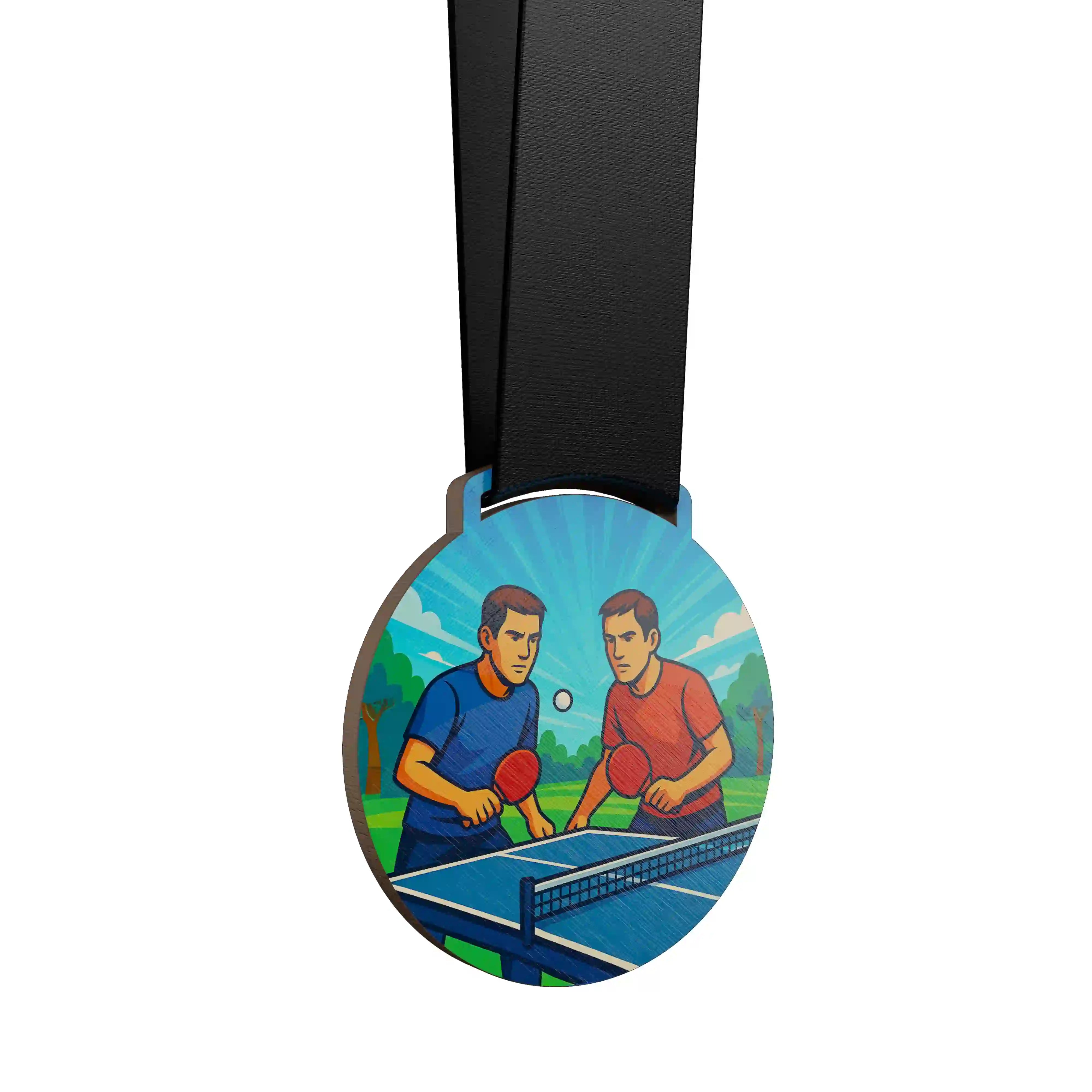 médaille en bois montrant un duo d'hommes jouer au ping pong