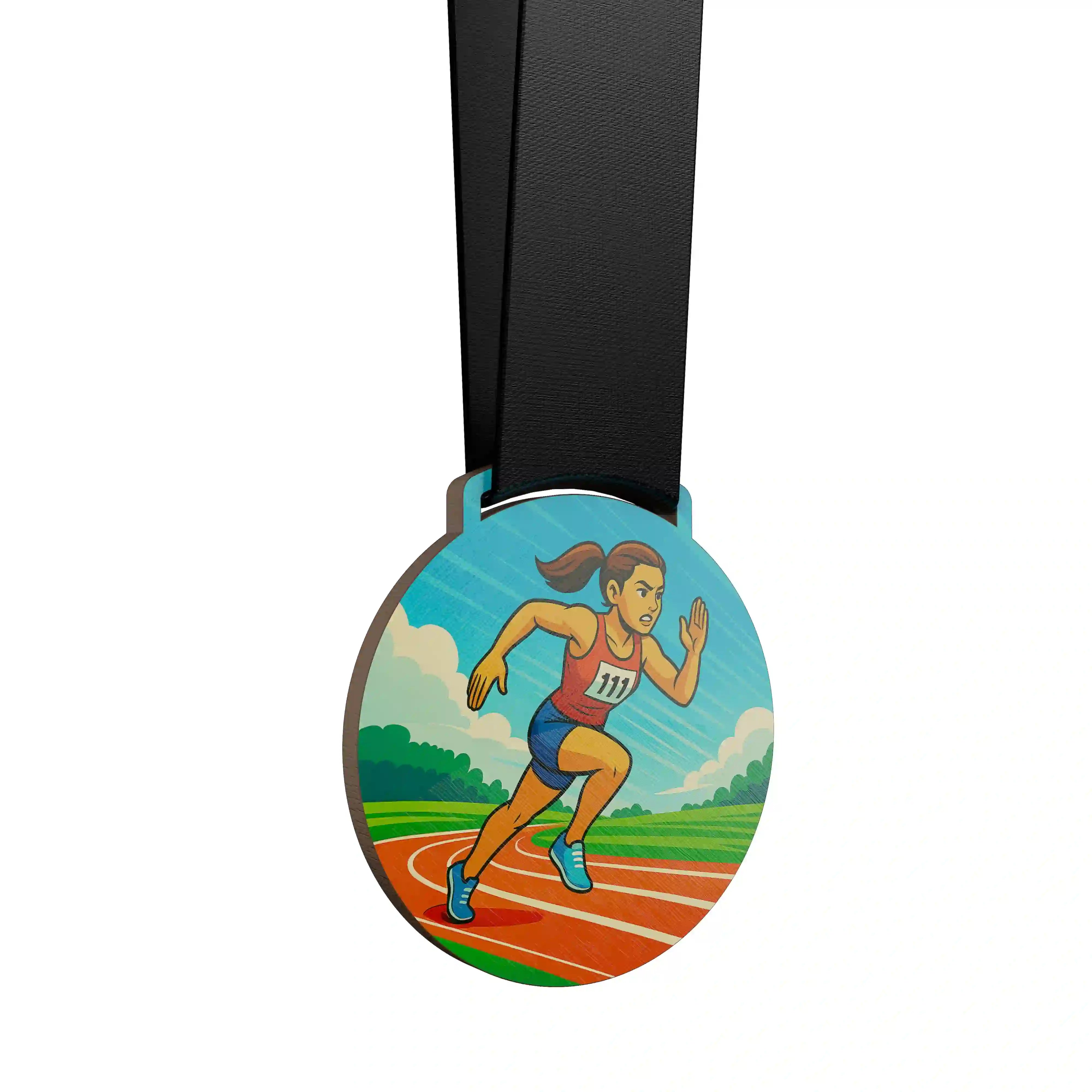 médaille en bois d'une athlète sprinteuse
