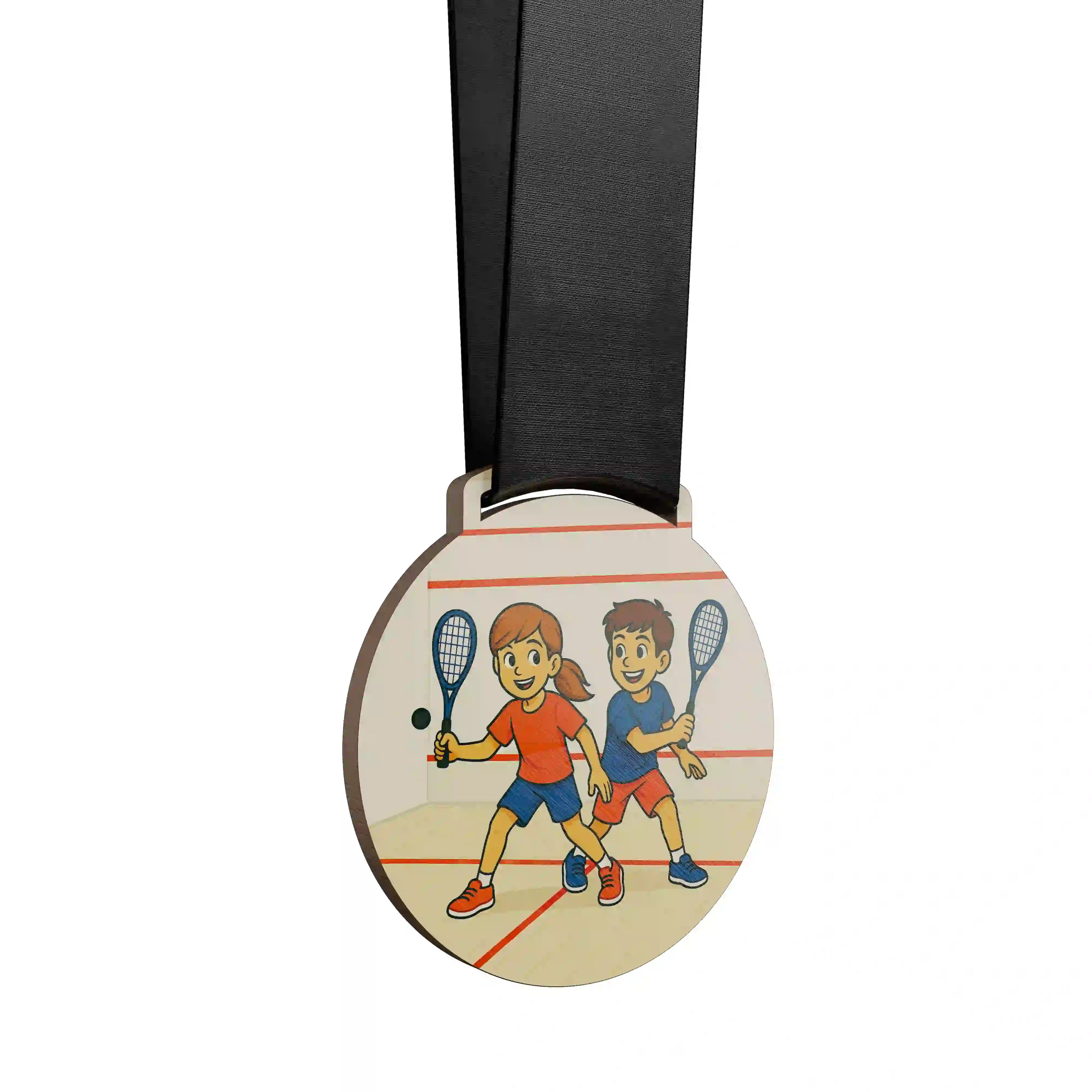médaille en bois de deux enfants faisant du squash