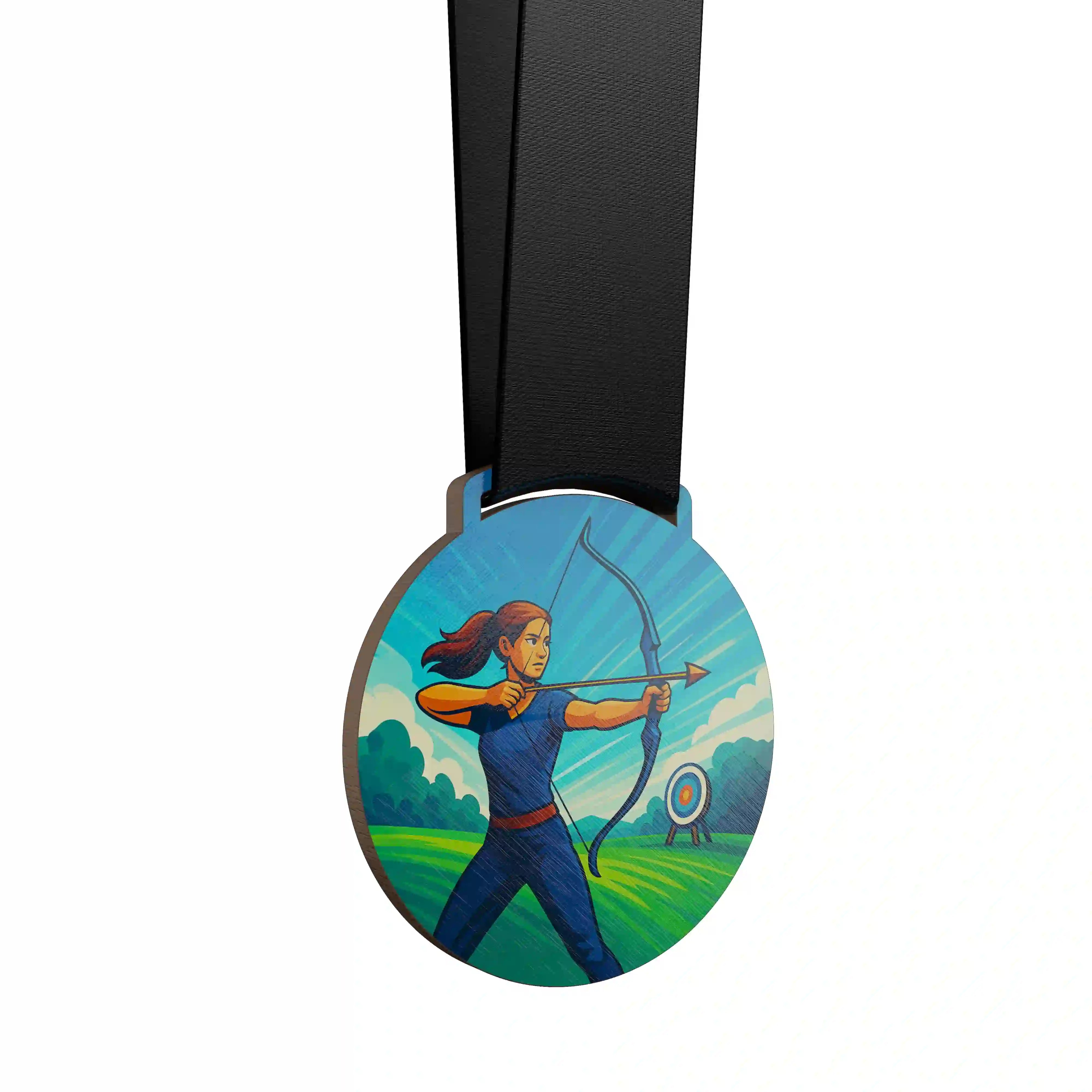 médaille en bois d'une femme en train de faire du tir à l'arc